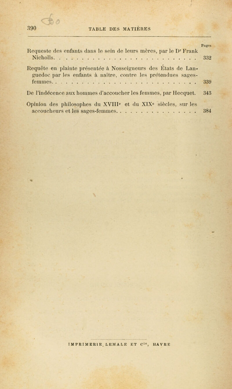 r 390 TABLE DES MATIÈRES Pages Requeste des enfants dans le sein de leurs mères, par le D' Frank Nicholls 332 Requête en plainte présentée à Nosseigneurs des Etats de Lan- guedoc par les enfants à naître, contre les prétendues sages- femmes 339 De l'indécence aux hommes d'accoucher les femmes, par Hecquet. 343 Opinion des philosophes du XVIII« et du XIX^ siècles, sur les accoucheurs et les sages-femmes 384 IMPRIMERIE, LEMALE ET C'», HAVRE