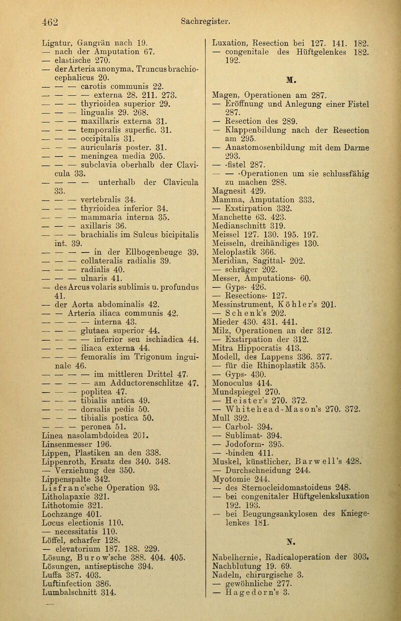 Ligatur, Gangrän nach 19. — nach der Amputation 67. — elastische 270. — der Arteria anonyma. Truncusbrachio- cephalicus 20. — — — carotis communis 22. externa 28. 211. 273. — — — thyrioidea superior 29. — lingualis 29. 268. — maxillaris externa 31. — — — temporalis superfic. 31. — — — occipitalis 31. — — — auricularis poster. 31. — — — meningea media 205. — subclavia oberhalb der Clavi- cula 33. — — unterhalb der Clavicula 33. — vertebralis 34. — — — thyrioidea inferior 34. — — —• mammaria interna 35. — — — axillaris 36. — brachialis im Sulcus bicipitalis int. 39. in der Ellbogenbeuge 39. — — — collateralis radialis 39. radialis 40. — — — ulnaris 41. — des Arcus volaris sublimis u. profundus 41. — der Aorta abdominalis 42. — — Arteria iliaca communis 42. — — interna 43. — — — glutaea superior 44. — — inferior seu ischiadica 44. — — — iliaca externa 44. — — — femoralis im Trigonum ingui- nale 46. im mittleren Drittel 47- — — — — am Adductorenschlitze 47. Poplitea 47. — — — tibialis antica 49. dorsalis pedis 50. — — — tibialis postica 50. — — — peronea 51. Linea nasolambdoidea 201. Linsenmesser 196. Lippen, Plastiken an den 338. Lippenroth, Ersatz des 340. 348. — Verziehung des 350. Lippenspalte 342. Lisfranc'sche Operation 93. Litholapaxie 321. Lithotomie 321. Lochzange 401. Locus electionis 110. — necessitatis 110. Löffel, scharfer 128. — elevatorium 187. 188. 229. Lösung, Burow'sche 388. 404. 405. Lösungen, antiseptische 394. Luffa 387. 403. Luffcinfection 386. Lumbalschnitt 314. Luxation, Resection bei 127. 141. 182. — congenitale des Hüftgelenkes 182. 192. M. Magen, Operationen am 287. — Eröffnung und Anlegung einer Fistel 287. — Resection des 289. — Klappenbildung nach der Resection am 295. — Anastomosenbildung mit dem Darme 293. — -fistel 287._ — — -Operationen um sie schlussfähig zu machen 288. Magnesit 429. Mamma, Amputation 333. — Exstirpation 332. Manchette 63. 423. Medianschnitt 319. Meissel 127. 130. 195. 197. Meissein, dreibändiges 130. Meloplastik 366. Meridian, Sagittal- 202. — schräger 202. Messer, Amputations- 60. — Gyps- 426. — Resections- 127. Messinstrument, Köhler's 201. — Schenk's 202. Mieder 430. 431. 441. Milz, Operationen an der 312. — Exstirpation der 312. Mitra Hippocratis 413. Modell, des Lappens 3.36. 377. — für die Rhinoplastik 355. — Gyps- 430. Monoculus 414. Mundspiegel 270. — Heister's 270. 372. — Whitehead-Mason's 270. 372. Mull 392. — Carbol- 394. — Sublimat- 394. — Jodoform- 395. binden 411. Muskel, künstlicher, Bar well's 428. — Durchschneidung 244. Myotomie 244. — des Stemocleidomastoideus 248. — bei congenitaler Hüftgelenksluxation 192. 193. — bei Beugungsankylosen des Kniege- lenkes 181. N. Nabelhernie, Radicaloperation der 303. Nachblutung 19. 69. Nadeln, chirurgische 3. — gewöhnliche 277. — Hagedorn's 3.