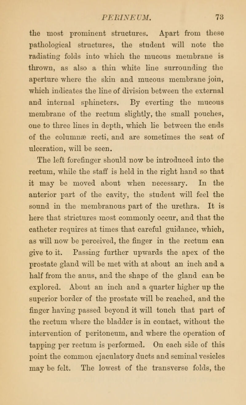the most prominent structures. Apart from these pathological structures, the student will note the radiating folds into which the mucous membrane is thrown, as also a thin white lino surrounding the aperture where the skin and mucous membrane join, which indicates the line of division between the external and internal sphincters. By everting the mucous membrane of the rectum slightly, the small pouches, one to three lines in depth, which lie between the ends of the commute recti, and are sometimes the seat of ulceration, will be seen. The left forefinger should now be introduced into the rectum, while the staff is held in the right hand so that it may be moved about when necessary. In the anterior part of the cavity, the student will feel the sound in the membranous part of the urethra. It is here that strictures most commonly occur, and that the catheter requires at times that careful guidance, which, as will now be perceived, the finger in the rectum can give to it. Passing further upwards the apex of the prostate gland will be met with at about an inch and a half from the anus, and the shape of the gland can be explored. About an inch and a quarter higher up the superior border of the prostate will be reached, and the finger having passed beyond it will touch that part of the rectum where the bladder is in contact, without the intervention of peritoneum, and where the operation of tapping per rectum is performed. On each side of this point the common ejaculatory ducts and seminal vesicles may be felt. The lowest of the transverse folds, the
