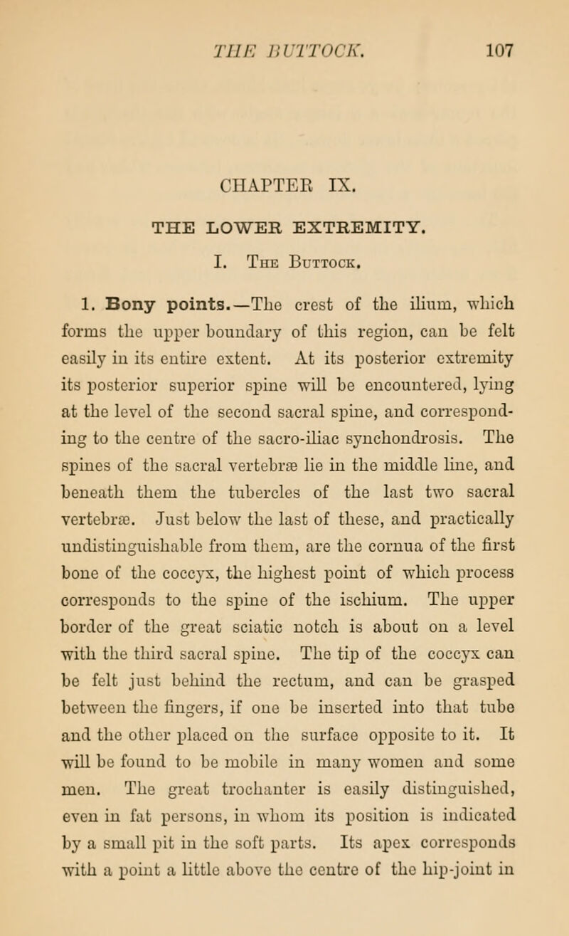 CHAPTER IX. THE LOWER EXTREMITY. I. The Buttock. 1. Bony points.—The crest of the ilium, which forms the upper boundary of this region, can be felt easily in its entire extent. At its posterior extremity its posterior superior spine will be encountered, lying at the level of the second sacral spine, and correspond- ing to the centre of the sacro-iliac synchondrosis. The spines of the sacral vertebrae lie in the middle hue, and beneath them the tubercles of the last two sacral vertebra?. Just below the last of these, and practically undistinguishable from them, are the cornua of the first bone of the coccyx, the highest point of which process corresponds to the spine of the ischium. The upper border of the great sciatic notch is about on a level with the third sacral spine. The tip of the coccyx can be felt just behind the rectum, and can be grasped between the fingers, if one be inserted into that tube and the other placed on the surface opposite to it. It will be found to be mobile in many women and some men. The great trochanter is easily distinguished, even in fat persons, in whom its position is indicated by a small pit in the soft parts. Its apex corresponds with a point a little above the centre of the hip-joint in