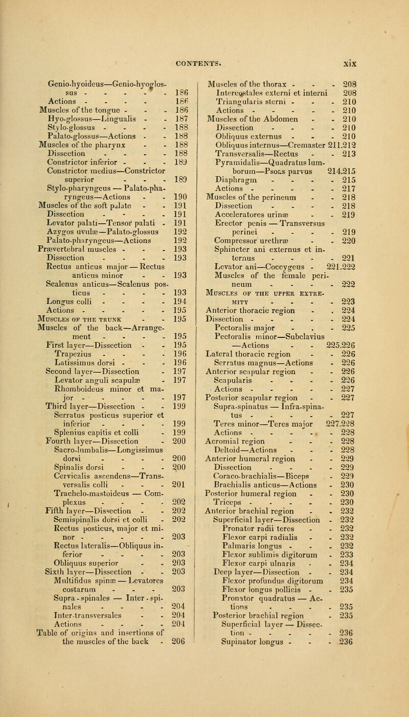Genio-hyoideus—Genio-hyoglos- sus - - - - ■ . Actions .... Muscles of the tongue ... Hyo-glossus—Lingualis - Stylo-glossus . . - - Palato-glossus—Actions - Muscles of the pharynx Dissection .... Constrictor inferior ... Constrictor medius—Constrictor superior ... Stylo-pliaryng-eus — Palato-pha- ryngeus—Actions Muscles of the soft pulate Dissection . - . . Levator palati—Tensoi' palati . Azygos uviilse—Palato-glossus Palato-phiiryngeus—Actions Prsevertebral muscles ... Dissection .... Rectus anticus major — Rectus anticus minor Scalenus anticus—Scalenus pos- ticus - . . - Longus colli .... Actions ..... Muscles of the trunk Muscles of the back—Arrange, ment .... First layer—Dissection Trapezius .... Latissimus dorsi ... Second layer—Dissection Levator anguli scapulte Rhomboideus minor et ma- . jr Third layer—Dissection - Serratus posticus superior et inferior .... Splenius capitis et colli Fourth layer—Dissection Sacro-lumbalis—Longissimus dorsi .... Spinalis dorsi Cervicalis ascendens—Trans- versalis colli Trachelo-mastoideus — Com- plexus .... Fifth layer—Dis=iection Semispinalis dorsi et colli Rectus posticus, major et mi- nor Rectus lateralis—Obliquus in. ferior .... Obliquus superior Sixth layer—Dissection Mnltifidiis spina2 — Levatores costarum ... Supra-spinales — Inter - spi- nalcs .... Intertransversales Actions .... Table of origins and insertions of the muscles of the back 186 18P 186 187 188 188 188 188 18i) 189 190 191 191 191 192 192 193 193 193 Muscles of the thorax . . . 208 IntcrcQstales cxterni et interni 208 Triangularis sterni ... 210 Actions 210 Muscles of the Abdomen - - 210 Dissection . . - - 210 Obliquus externus ... 210 Obliquus internus—Cremaster 211.212 Transversalis—Rectus - - 213 Pyramidalis—Quadratus lura. borum—Psoas parvus 214.215 Diaphragm .... 215 Actions 217 Muscles of the perineum . - 218 Dissection .... 218 Acceleratores urinae - . 219 Erector penis — Transversus perinei .... 219 Compressor urethras . . 220 Sphincter ani externus et in- ternus .... 221 Levator ani—Coccygeus - 221.222 Muscles of the female peri. neum .... 222 193 Muscles of the upper extre- 194 mity - 223 195 Anterior thoracic region . 224 195 Dissection .... - 224 Pectoralis major - 225 195 Pectoralis minor—Subclavius 195 —Actions 225.226 196 Lateral thoracic region . 226 196 Serratus magnus—Actions - 226 197 Anterior scnpular region . 226 197 Scapularis ... . 226 Actions .... . 227 197 Posterior scapular region . 227 199 Supra-spinatus — Infra-spina- tus .... . 227 199 Teres minor—Teres major 227.228 199 Actions - . 228 200 Acromial region . 228 Deltoid—Actions . 228 200 Anterior humeral region - 229 200 Dissection . 229 Coraco-biachialis—Biceps . 229 201 Brachialis anticus—Actions - 230 Posterior humeral region - 230 202 1 nceps .... . 230 202 Anterior brachial region . 232 202 Superficial layer—Dissection . 232 Pronator radii teres - 232 203 Fle.vor carpi radialis . 232 Palmaris longus . . 232 203 Flexor sublimis digitorum - 233 203 Flexor carpi ulnaris . 234 203 Deep layer—Dissection . . 234 Flexor profundus digitorum 234 203 Flexor longus pollicis - Pronator quadratus — Ac . 235 204 tions - 235 204 Posterior brachial region . 235 204 Superficial layer — Dissec- tion .... - 236 206 ■ Supinator longus - - 236