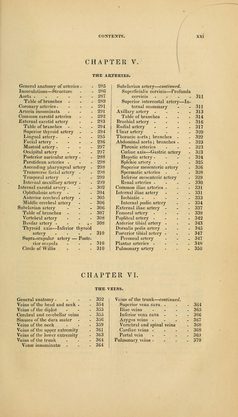 CHAPTER V. THE ARTERIES. General anatomy of arteries - Inosculations—Structure Aorta Table of branches . . . Coronary arteries. . . . Arteria innominata . . . Comtnon carotid arteries External carotid artery Table of branches . . . Superior thyroid artery Ling^ual artery- Facial artery . - - - Mastoid artery .... Occipital artery ... Posterior auricular artery - Parotidean arteries - . . Ascending pharyngeal artery - Transverse facial artery . Temporal artery Internal maxillary artery - Internal carotid artery... Ophthalmic artery ... Anterior cerebral artery . Middle cerebral artery Subclavian artery . . - Table of branches ... Vertebral artery ... Basilar artery - . ... Thyroid axis—Inferior thyroid artery .... Supra-scapular artery — Poste- rior scapula ... Circle of Willis 285 Subclavian artery—continued. 286 Superficialis cervicis—Profunda 287 cervicis . - - . 311 289 Superior intercostal artery—In- 291 ternal mammary 311 291 Axillary artery .... 313 292 Table of branches 314 293 Brachial artery .... 316 294 Radial artery .... 317 294 Ulnar artery .... 320 295 Thoracic aorta; branches 322 296 Abdominal aorta; branches . 323 297 Phrenic arteries 323 297 Cceliac axis—Gastric artery 323 298 Hepatic artery. . . - 324 298 Splenic artery - . - . 325 298 Superior mesenteric artery 326 298 Spermatic arteries - 328 299 Inferior mesenteric artery 329 299 Renal arteries - - . . 330 3U2 Common iliac arteries ... 331 304 Interna] iliac artery ... 331 305 Ischiatic 333 306 Internal pudic artery 334 306 External iliac artery - 337 307 Femoral artery - . . - 338 308 Popliteal artery .... 342 308 Anterior tibial artery ... 343 Dorsalis pedis artery ... 345 310 Posterior tibial artery . 347 Peroneal artery 347 310 Plantar arteries .... 348 310 Pulmonary artery 350 CHAPTER VI. General anatomy - Veins of the head and neck . Veins of the diploe Cerebral and cerebellar veins Sinuses of the dura mater Veins of the neck Veins of the upper extremity Veins of the lower extremity Veins of the trunk Venae innominatBe . THE VEINS. 352 Veins of the trunk—continued. 354 Superior vena cava - - 364 355 Iliac veins - . . - 365 355 Inferior vena cava . - 366 356 Azyg-os veins ... . 367 359 Vertebral and spinal veins - 368 361 Cardiac veins - - 368 363 Portal vein - 369 364 Pulmonary veins - . 370 364