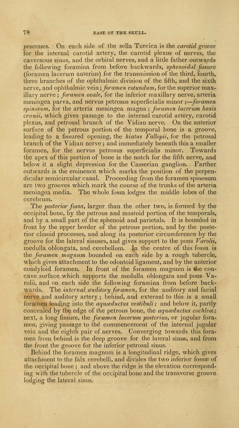 processes. On each side of the sella Turcica is the carotid groove for the internal carotid artery, the carotid plexus of nerves, the cavernous sinus, and the orbital nerves, and a little father outwards the following foramina from before backwards, sphenoidal fissure (foramen lacerum anterius) for the transmission of the third, fourth, three branches of the ophthalmic division of the fifth, and the sixth nerve, and ophthalmic vein; foramen rotundum, for the superior max- illary nerve ; foramen ovale, for the inferior maxillary nerve, ai'teria meningea parva, and nervus petrosus superficialis minor ;—foramen spinosum, for the arteria meningea magna ; foramen lacerum basis cranii, which gives passage to the internal carotid artery, carotid plexus, and petrosal branch of the A'^idian nerve. On the anterior surface of the petrous portion of the temporal bone is a groove, leading to a fissured opening, the hiatus Fallopii, for the petrosal branch of the Vidian nerve ; and immediately beneath this a smaller foramen, for the nervus petrosus superficialis minor. Towards the apex of this portion of bone is the notch for the fifth nerve, and below it a slight depression for the Casserian ganglion. Farther outwards is the eminence which marks the position of the perpen- dicular semicircular canal. Proceeding from the foramen spinosum are two grooves which mark the course of the trunks of the arteria meningea media. The whole fossa lodges the middle lobes of the cerebrum. The posterior fossa, larger than the other two, is formed by the occipital bone, by the petrous and mastoid portion of the temporals, and by a small part of the sphenoid and parietals. It is bounded in front by the upper border of the petrous portion, and by the poste- rior clinoid processes, and along its posterior circumference by the groove for the lateral sinuses, and gives support to the pons Varolii, medulla oblongata, and cerebellum. In the centre of this fossa is the foramen magnum bounded on each side by a rough tubercle, which gives attachment to the odontoid ligament, and by the anterior condyloid foramen. In fi'ont of the foramen magnum is the con- cave surface which supports the medulla oblongata and pons Va- rolii, and on each side the following foramina from before back- wards. The internal auditory foramen, for the auditory and facial nerve and auditory artery ; behind, and external to this is a small foramen leading into the aquceductus vestibuU; and below it, partly concealed by the edge of the petrous bone, the aquccductus cochlecc; next, a long fissure, the foramen lacerum posterius, or jugular fora- men, giving passage to the commencement of the internal jugular vein and the eighth pair of nerves. Converging towards this fora- men from behind is the deep groove for the lateral sinus, and from the front the gnjove for the inferior petrosal sinus. Behind the foramen magnum is a longitudinal ridge, which gives attachment to the falx cerebelli, and divides the two inferior fossa3 of the occipital bone ; and above the ridge is the elevation correspond- ing with the tubercle of the occipital bone and the transverse groove lodging the lateral sinus.