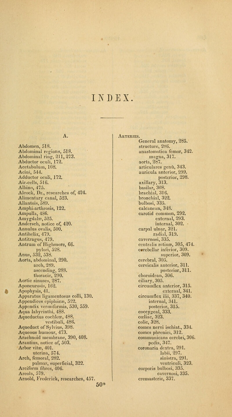 I ]\' D E X. Abdomen, 518. Abdominal regions, 518. Abdominal ring, 211, 273. Abductor oculi, 172. Acetabulum, 108. Acini, 544. Adductor oculi, 172. Air-cells, 516. Albino, 475. Alcock, Dr., researches of, 424. Alimentary canal, 523. Allantois, 589. Amphi-arthrosis, 122. Ampulla, 486. Amygdalos, 525. Andersch, notice of, 420. Annulus ovalis, 500. Antihelix, 479. Antitragus, 479. Antrum of Highmore, 66. pylori, 528. Anus, 532, 538. Aorta, abdominal, 290. arch, 289. ascending, 288. thoracic, 290. Aortic sinuses, 287. Aponeurosis, 162. Apophysis, 41. Apparatus ligamentosus colli, 130. Appendices epiploicoe, 522. Appendix vermiformis, 530, 559. Aqua labyrintlii, 488. Aqueductus cochlece, 488. vestibuli, 486. Aqueduct of Sylvius, 398. Aqueous humour, 473. Arachnoid membrane, 390, 408. Arantius, notice of, 503. Arbor vitoe, 401. ulerina, 574. Arch, femoral, 282. palmar, superficial, 322. Arciform fibres, 406. Areola, 579. Arnold, Frederick, researches, 457. Arteries. 50* General anatomy, 285. structure, 2y6. anastomotica femor, 342. magna, 317. aorta, 2«7. articulares genCi, 343. auricula anterior, 299. posterior, 298. axillary, 313. basilar, 308. brachial, 31 6. bronchial, 322. bulbosi, 335. calcanean, 348. carotid common, 292. external, 293. internal, 302. • carpal ulnar, 321. radi;il, 319. cavernosi, 335. centralis retinas, 305, 474. cerebellar inferior, 309. superior, 309. cerebral, 305. cervicalis anterior, 311. posterior, 311. choroidean, 306. ciliary, 305. circumflex anterior, 315. external, 341. circumflex ilii, 337, 340. internal, 341. posterior, 315. coccygeal, 333. cceliac, 323. colic, 328. comes nervi ischiat., 334. comes pbrenici, 312. communicans cerebri, 306. pedis, 347. coronaria dextra, 291. labii, 297. sinistra, 291. venlriculi, 323. corporis bulbosi, 335. cavernosi, 335. cremasteric, 337.