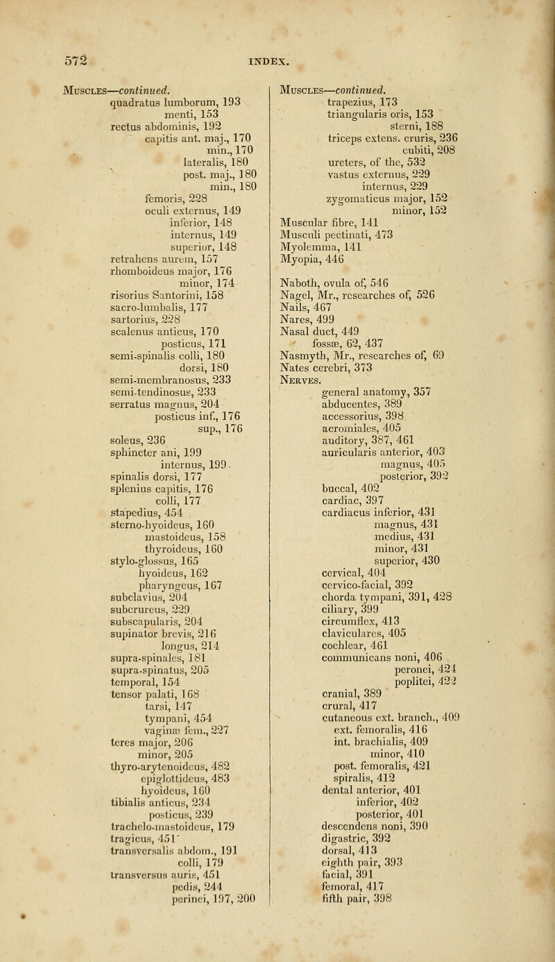 Muscles—continued. quadratus lumborum, 193 menti, 153 rectus abdominis, 192 capitis ant. maj., 170 min., 170 lateralis, 180 post, maj., 180 min., 180 femoris, 228 oculi externus, 149 inferior, 148 internus, 149 superior, 148 retrahens aurem, 157 rhomboideus major, 176 minor, 174 risorius Santorini, 158 sacro-lumbalis, 177 sartorius, 228 scalenus anticus, 170 posticus, 171 semi-spinalis colli, 180 dorsi, 180 semi-membranosus, 233 semi-tendinosus, 233 serratus magnus, 204 posticus inf., 176 sup., 176 soleus, 236 sphincter ani, 199 internus, 199 • spinalis dorsi, 177 splenius capitis, 176 colli, 177 stapedius, 454 sterno-hyoideus, 160 mastoideus, 158 thyroideus, 160 stylo-glossus, 165 hyoideus, 162 pharyngcus, 167 subclavius, 2U4 subcrureus, 229 subscapularis, 204 supinator brevis, 216 longus, 214 Eupra-spinalcs, 181 supra-spinatus, 205 temporal, 154 tensor palati, 168 tarsi, 147 tympani, 454 vagina? fem., 227 teres major, 206 minor, 205 thyro-arytcnoidcus, 482 cpiglottidcus, 483 hyoideus, 160 tibialis anticus, 234 posticus, 239 trachelo-inastoideus, 179 tragicus, 451' transversalis abdom., 191 colli, 179 transversus auriw, 451 pedis, 244 perinei, 197, 200 Muscles—continued. trapezius, 173 triangularis oris, 153 sterni, 188 triceps extens. cruris, 236 cubiti, 208 ureters, of the, 532 vastus exteriuis, 229 internus, 229 zygomaticus major, 152 minor, 152 Muscular fibre, 141 Musculi pectinati, 473 Myolemma, 141 Myopia, 446 Naboth, ovula of, 546 Nagel, Mr., researches of, 526 Nails, 467 Nares, 499 Nasal duct, 449 fossffi, 62, 437 Nasmyth, Mr., researches of, 69 Nates cerebri, 373 Nerves. general anatomy, 357 abducentes, 389 accessorius, 398 acromiales, 405 auditory, 387, 461 auricularis anterior, 403 magnus, 405 posterior, 392 buccal, 402 cardiac, 397 cardiacus inferior, 431 magnus, 431 medius, 431 minor, 431 superior, 430 cervical, 404 cervico-facial, 392 chorda tympani, 391, 428 ciliary, 399 circumflex, 413 claviculares, 405 cochlear, 461 communicans noni, 406 peronei, 421 poplitei, 422 cranial, 389 crural, 417 cutaneous ext. branch., 409 ext. femoralis, 416 int. brachialis, 409 minor, 410 post, femoralis, 421 spiralis, 412 dental anterior, 401 inferior, 402 posterior, 401 descendens noni, 390 digastric, 392 dorsal, 413 eighth ])!iir, 393 facial, 391 femoral, 417 fifth pair, 398