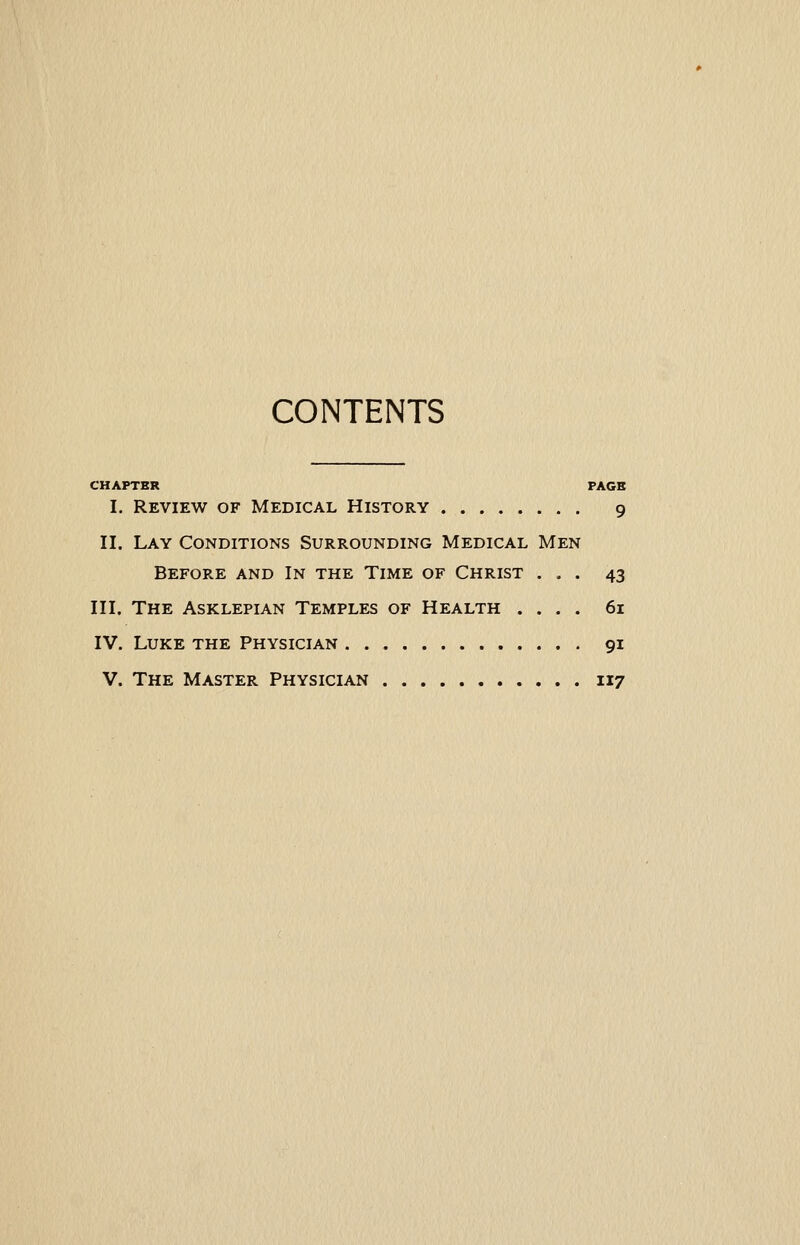 CONTENTS CHAPTER PAGE I. Review of Medical History 9 II. Lay Conditions Surrounding Medical Men Before and In the Time of Christ ... 43 III. The Asklepian Temples of Health .... 61 IV. Luke the Physician 91 V. The Master Physician 117