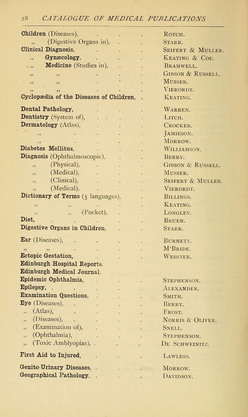 Children (Diseases), ,, (Digestive Organs in). Clinical Diagnosis, Gynaecology, Medicine (Studies in), Cyclopaedia of the Diseases of Children Dental Pathology, Dentistry (System of), Dermatology (Atlas), Diabetes Mellitus, Diagnosis (Ophthalmoscopic), ,, (Physical), „ (Medical), ,, (Clinical), (Medical), Dictionary of Terms (5 languages) 11 11 „ „ (Pocket), Diet, Digestive Organs in Children, Ear (Diseases), >) j) • • Ectopic Gestation, Edinburgh Hospital Keports. Edinburgh Medical Journal. Epidemic Ophthalmia, Epilepsy, . Examination Questions, Eye (Diseases), „ (Atlas), ,, (Diseases), ,, (Examination of), ,, (Ophthalmia), „ (Toxic Amblyopias), . First Aid to Injured, Genito-Urinary Diseases, . Geographical Pathology, . ROTCH. Starr. seifert & muller. Keating & Coe. Bramwell. Gibson & Russell. Musser. Vierordt. Keating. Warren. Litch. Crocker. Jamieson. Morrow. Williamson. Berry. Gibson & Russell. Musser. Seifert & Mui.ler. Vierordt. Billings. Keating. Longlev. Bruen. Starr. Burnett. M'Bride. Webster. Stephenson. Alexander. Smith. Berry. Frost. Norris & Oliver. Snell. Stephenson. De Schweinitz. Lawless. Morrow. Davidson.
