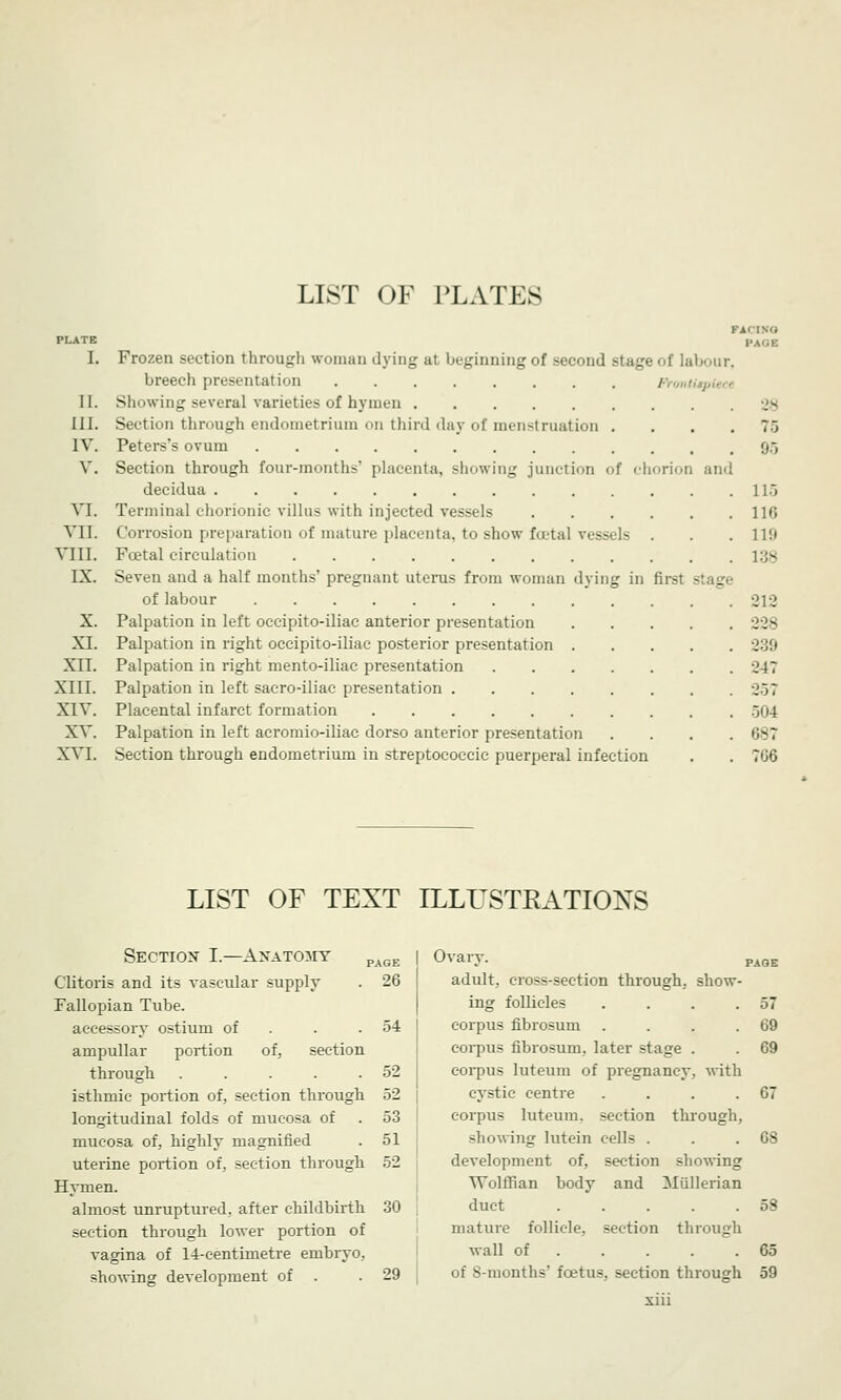 LIST OF PLATES PAcnra PLATE ,.A,,f; I. Frozen section through woman dying at beginning of second stage of labour, breech presentation Fronti II. Showing several varieties of hymen - III. Section through endometrium on third day of menstruation . . . .75 IV. Peters's ovum 95 V. Section through four-months' placenta, showing junction of chorion and decidua 11.j VI. Terminal chorionic villus with injected vessels 116 VJLL Corrosion preparation of mature placenta, to show fa-tal vessels . . .lift VIII. Foetal circulation i:js IX. Seven and a half months' pregnant uterus from woman dying in first - of labour 212 X. Palpation in left occipito-iliac anterior presentation 228 XL Palpation in right occipito-iliac posterior presentation •.':;'.• XII. Palpation in right mento-iliac presentation 247 XIII. Palpation in left sacro-iliac presentation 257 XIV. Placental infarct formation .,114 XV. Palpation in left acromio-iliac dorso anterior presentation .... 687 XVI. Section through endometrium in streptococcic puerperal infection . . 706 LIST OF TEXT ILLUSTRATIONS Section I.—Anatomy Clitoris and its vascular supply Fallopian Tube. accessory ostium of ampullar portion of, section through ..... isthmie portion of, section through longitudinal folds of mucosa of mucosa of, highly magnified uterine portion of, section through Hymen. almost unruptured, after childbirth section through lower portion of vagina of 14-eentimetre embryo, showing development of PAGE 26 54 52 52 53 51 52 30 29 Ovary. , adult, cross-section through, show- ing follicles .... corpus fibrosum .... corpus fibrosum, later stage . corpus luteum of pregnancy, with cystic centre .... corpus luteum. section through, showing lutein cell~ . development of, section showing Wolffian body and Miillerian duct ..... mature follicle, section through wall of .... . of S-months' foetus, section through 57 69 69 67 GS 58 65 59