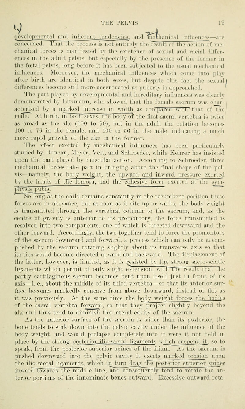 developmental and inherent tendencies, and mechanical Influences—are concerned Tnat the process is qoI entirely the result ot the action of me- chanical forces is manifested by the existence of sexual and racial differ- ences in the adult pelvis, bul especially by the presence of the former in the foetal pelvis, long before it has been subjected to the usual mechanical influences. Moreover, the mechanical influences which c e into play after birth arc identical in both sexes, but despite this fad the sexualj differences become still more accentuated as puberty is approached. ' The part played by developmental and hereditary influences was clearly demonstrated by Litzmann, who showed thai the female sacrum was char- acterized by a marked increase in width as compared with' that of the male. At birth, in both st'xcs, the body of the first sacral vertebra is twice as broad as the al;e (100 to 50), but in the adult the relation becomes 100 to ^<i in the female, and LOO to 56 in the male, indicating a much more rapid growth of the alae in the former. The effect exerted by mechanical influences has been particularly studied by Duncan, Meyer, Veit, and Schroeder, while Kehrer has insisted upon the part played by muscular action. According to Schroeder, three mechanical forces take part in bringing about the final shape of the pel- vis—namely, the body weight, the upward and inward pressure exerted by the heads of the femora, and the cohesive force exerted at the sym- physis pubis. So long as the child remains constantly in the recumbent position these forces are in abeyance, but as soon as it sits up or walks, the body weight is transmitted through the vertebral column to the sacrum, and, as the centre of gravity is anterior to its promontory, the force transmitted is resolved into two components, one of which is directed downward and the oilier forward. Accordingly, the two together tend to force the promontory of the sacrum downward and forward, a process which can only be accom- plished by the sacrum rotating slightly about its transverse axis so that its tips would become directed upward and backward. The displacement of the latter, however, is limited, as it is resisted by the strong sacro-sciatic ligaments which permit of only slight extension, witn the result that the partly cartilaginous sacrum becomes bent upon itself just in front of its axis—i. e., about the middle of its third vertebra—so that its anterior sur- face becomes markedly concave from above downward, instead of flat as it was previously. At the same time the body weight forces the bodies of the sacral vertebra forward, so that they project slightly beyond the alas and thus tend to diminish the lateral cavity of the sacrum. As the anterior surface of the sacrum is wider than its posterior, the bone tends to sink down into the pelvic cavity under the influence of the body weight, and would prolapse completely into it were it not held in place by the strong posterior ilio-sacral ligaments which suspend it, so to speak, from the posterior superior spines of the ilium. As the sacrum is pushed downward into the pelvic cavity it exerts marked tension upon the ilio-sacral ligaments, which in^turn drag ihe posterior superior spines inward towards the middle line, and consequently tend to rotate the an- terior portions of the innominate bones outward. Excessive outward rota-