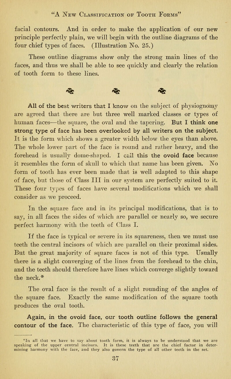 facial contours. And in order to make the application of our new principle perfectly plain, we will begin witli the outline diagrams of the four chief types of faces. (Illustration ISTo. 25.) These outline diagrams show only the strong main lines of the faces, and thus we shall be able to see quickly and clearly the relation of tooth form to these lines. '^ ««fe ««fe All of the best writers that I know on the subject of physiognomy are agreed that there are but three well marked classes or types of human faces—the square, the oval and the tapering. But I think one strong type of face has been overlooked by all writers on the subject. It is the form which shows a greater width below the eyes than above. The whole lower part of the face is round and rather heavy, and the forehead is usually dome-shaped. I call this the ovoid face because it resembles the form of skull to which that name has been given. ISTo form of tooth has ever been made that is well adapted to this shape of face, but those of Class III in our system are perfectly suited to it. These four types of faces have several modifications which we shall consider as we proceed. In the square face and in its principal modifications, that is to say, in all faces the sides of which are parallel or nearly so, we secure perfect harmony with the teeth of Class I. If the face is typical or severe in its squareness, then we must use teeth the central incisors of which are parallel on their proximal sides. But the great majority of square faces is not of this type. Usually there is a slight converging of the lines from the forehead to the chin, and the teeth should therefore have lines which converge slightly toward the neck.* The oval face is the result of a slight rounding of the angles of the square face. Exactly the same modification of the square tooth produces the oval tooth. Again, in the ovoid face, our tooth outline follows the general contour of the face. The characteristic of this type of face, you will *Iia all that we have to say abotit tooth form, it is always to be understood that we are speaking of the upper central incisors. It is these teeth that are the chief factor in deter- mining harmony with the face, and they also govern the type of all other teeth in the set.