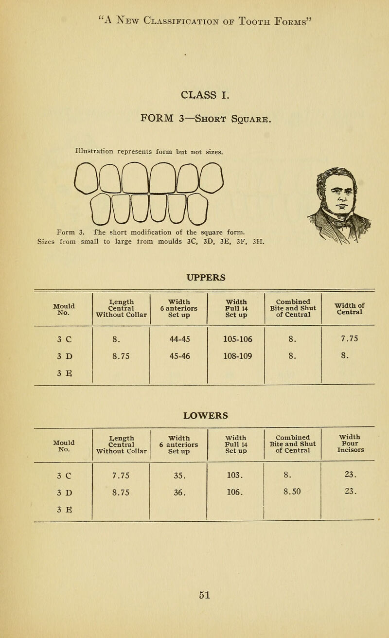 CI.ASS I. FORM 3—Short Square. Illustration represents form but not sizes. Form 3. The short modification of the square form. Sizes from small to large from moulds 3C, 3D, 3E, 3F, 311. UPPERS Mould No. I^ength Central Without Collar Width 6 anteriors Setup Width Full 14 Setup Combined Bite and Shut of Central width of Central 3 C 3 D 3 K 8. 8.75 44-45 45-46 105-106 108-109 8. 8. 7.75 8. LOWERS Mould No. I^ength Central Without Collar Width 6 anteriors Setup Width Full 14 Setup Combined Bite and Shut of Central Width Four Incisors 3 C 3 D 3 E 7.75 8.75 35. 36. 103. 106. 8. 8.50 23. 23.