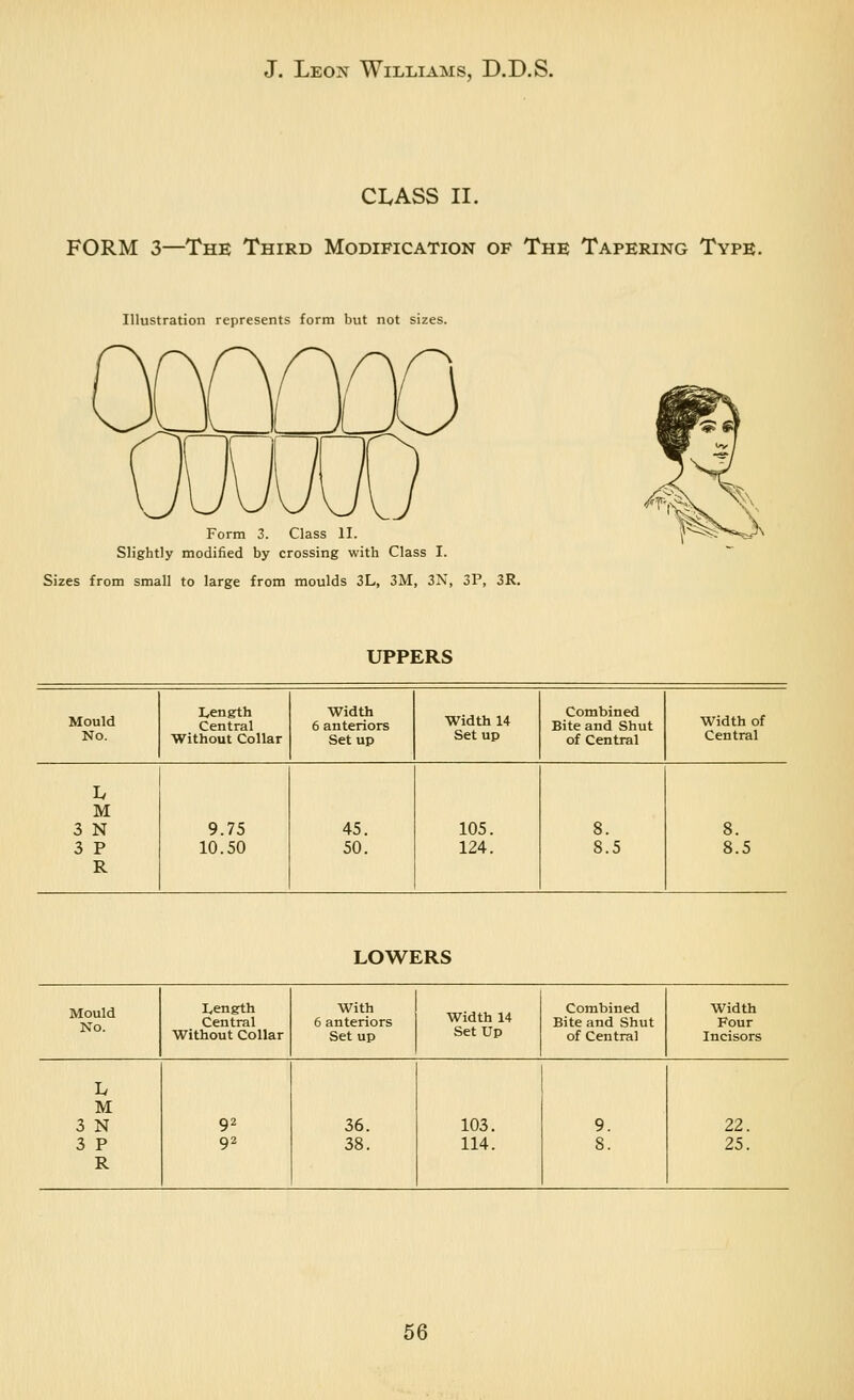 CLASS IL FORM 3—The Third Modification of The Tapering Type. Illustration represents form but not sizes. Form 3. Class II. Slightly modified by crossing with Class I. Sizes from small to large from moulds 3L, 3M, 3N, 3P, 3R. UPPERS Mould Length Central Width 6 anteriors Width 14 Combined Bite and Shut Width of No. Without Collar Setup Set up of Central Central Iv M 3 N 9.75 45. 105. 8. 8. 3 P 10.50 50. 124. 8.5 8.5 R LOWERS Mould No. lycngth Central Without Collar With 6 anteriors Setup Width 14 Setup Combined Bite and Shut of Central width Four Incisors h M 3 N 92 36. 103. 9. 22. 3 P 92 38. 114. 8. 25. R