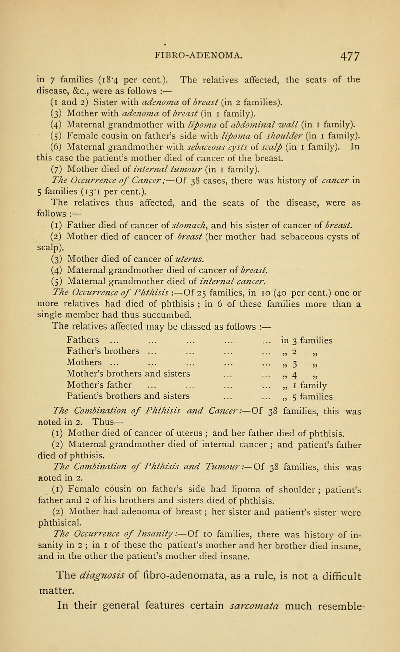 in 7 families (i84 per cent.). The relatives affected, the seats of the disease, &c., were as follows :— (i and 2) Sister with adenoma oi breast (in 2 families). (3) Mother with adenoma oi breast (in i family). (4) Maternal grandmother with lipo)na Q){ abdominal wall (in i family). (5) Female cousin on father's side with lipoma of shoulder (in i family). (6) Maternal grandmother with sebaceous cysts oi scalp (in i family). In this case the patient's mother died of cancer of the breast. (7) Mother died of internal tumour (in i family). The Occurrence of Cancer:—Of 38 cases, there was history of ca7icer in 5 families (i3'i per cent.). The relatives thus affected, and the seats of the disease, were as follows :— (i) Father died of cancer oi stomach, and his sister of cancer of breast. (2) Mother died of cancer of breast (her mother had sebaceous cysts of scalp). (3) Mother died of cancer of uterus. (4) Maternal grandmother died of cancer oi breast. (5) Maternal grandmother died oi internal cancer. The Occurrence of Phthisis :—Of 25 families, in 10 (40 per cent.) one or more relatives had died of phthisis ; in 6 of these families more than a single member had thus succumbed. The relatives affected may be classed as follows :— Fathers ... Father's brothers ... Mothers ... Mother's brothers and sisters Mother's father Patient's brothers and sisters The Combi7iatio7i of Phthisis and Cancer:—Of 38 families, this was noted in 2. Thus— (i) Mother died of cancer of uterus ; and her father died of phthisis. (2) Maternal grandmother died of internal cancer ; and patient's father died of phthisis. The Combinatio7i of Phthisis and Tumour i—Oi 38 families, this was noted in 2. (i) Female cousin on father's side had lipoma of shoulder ; patient's father and 2 of his brothers and sisters died of phthisis. (2) Mother had adenoma of breast; her sister and patient's sister were phthisical. The Occurrence of htsanity:—Of 10 families, there was history of in- sanity in 2 ; in I of these the patient's mother and her brother died insane, and in the other the patient's mother died insane. The diagnosis of fibro-adenomata, as a rule, is not a difficult matter. In their general features certain sarcomata much resemble- .. in 3 families ■■ » 2 ■)■> , 3 It , 4 , 5 11 family families