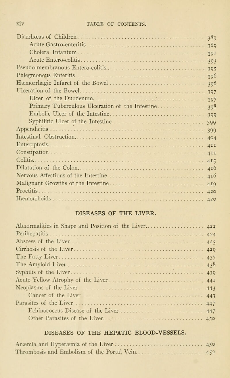 Diarrhoeas of Children 389 Acute Gastro-enteritis 389 Cholera Infantum 391 Acute Entero-colitis 393 Pseudo-membranous Entero-colitis 395 Phlegmonoius Enteritis 396 Haemorrhagic Infarct of the Bowel 396 Ulceration of the Bowel 397 Ulcer of the Duodenum ■ 397 Primar}' Tuberculous Ulceration of the Intestine 398 EmboHc Ulcer of the Intestine 399 S}^hilitic Ulcer of the Intestine 399 Appendicitis 399 Intestinal Obstruction 404 Enteroptosis 411 Constipation 411 Colitis 415 Dilatation of the Colon 416 Ner\'ous Affections of the Intestine 416 Malignant Gro'n1;hs of the Intestine 419 Proctitis 420 Heemorrhoids 420 DISEASES OF THE LIVER. Abnormalities in Shape and Position of the Liver 422 Perihepatitis 424 Abscess of the Liver 425 Cirrhosis of the Liver 429 The Fatty Liver 437 The Amyloid Liver 438 Syphilis of the Liver 439 Acute YeUow Atrophy of the Liver 441 Neoplasms of the Liver 443 Cancer of the Liver 443 Parasites of the Liver 447 Echinococcus Disease of the Liver 447 Other Parasites of the Liver 450 DISEASES OF THE HEPATIC BLOOD-VESSELS. Anaemia and Hyperaemia of the Liver 45° Thrombosis and Embolism of the Portal Vein 452