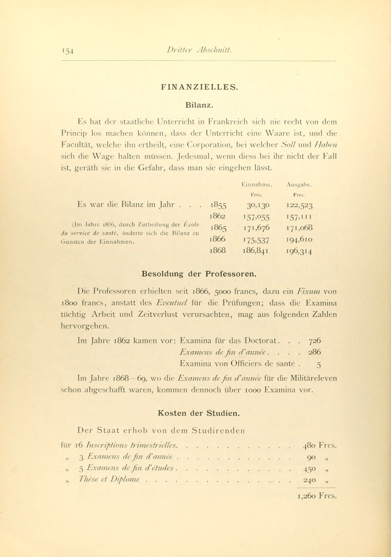 FINANZIELLES. Bilanz. Es hat der staatliche Unterricht in Frankreich sich nie recht von dem Princip los machen können, dass der Unterricht eine Waare ist, und die Facultät, welche ihn ertheilt, eine Corporation, bei welcher Soll und Haben sich die Wage halten müssen. Jedesmal, wenn diess bei ihr nicht der Fall ist, geräth sie in die Gefahr, dass man sie eingehen lässt. Einnahme. Ausgabe. Pros. Pros. ■855 ?PA?P 122,523 1862 157^55 157.' J' 1865 171,676 171,068 1866 175.537 194,610 1868 186,841 196.314 Es war die Bilanz im Jahr . (Im lahre [856, durch Zutheilung der Ecole du service de saute, änderte sich die Bilanz zu Gunsten der Kinnahmen. Besoldung der Professoren. Die Professoren erhielten seit 1866, 5000 francs, dazu ein Fixum von 1800 francs, anstatt des Eventuel für die Prüfungen; dass die Examina tüchtig Arbeit und Zeitverlust verursachten, mag aus folgenden Zahlen hervorgehen. Im Jahre 1862 kamen vor: Examina für das Doctorat. . . 726 Examens de fin d^annee. . . . 286 Examina von Officiers de sante . 5 Im Jahre 1868-69, wo die Examens de fin d'annee für die Militäreleven schon abgeschafft waren, kommen dennoch über 1000 Examina vor. Kosten der Studien. Der Staat erhob von dem Studirenden für 16 Inscriptions trimestrielles 480 Frcs. „ 3 Examens de fin d'annee 90 „ „ 5 Examens de fin d'etudes 450 „ These et Diplome 240 „ 1,260 Frcs.