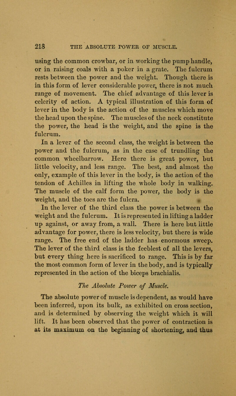 using the common crowbar, or in working the pump handle, or in raising coals with a poker in a grate. The fulcrum rests between the power and the weight. Though there is in this form of lever considerable power, there is not much range of movement. The chief advantage of this lever is celerity of action. A typical illustration of this form of lever in the body is the action of the muscles which move the head upon the spine. The muscles of the neck constitute the power, the head is the weight, and the spine is the fulcrum. In a lever of the second class, the weight is between the power and the fulcrum, as in the case of trundling the common Avheelbarrow. Here there is great power, but little velocity, and less range. The best, and almost the only, example of this lever in the body, is the action of the tendon of Achilles in lifting the whole body in walking. The muscle of the calf form the power, the body is the weight, and the toes are the fulcra. In the lever of the third class the power is between the weight and the fulcrum. It is represented in lifting a ladder up against, or away from, a wall. There is here but little advantage for power, there is less velocity, but there is wide range. The free end of the ladder has enormous sweep. The lever of the third class is the feeblest of all the levers, but every thing here is sacrificed to range. This is by far the most common form of lever in the body, and is typically represented in the action of the biceps brachialis. The Absolute Power of Muscle. The absolute power of muscle is dependent, as would have been inferred, upon its bulk, as exhibited on cross section, and is determined by observing the weight which it will lift. It has been observed that the power of contraction is at its maximum on the beginning of shortening, and thus