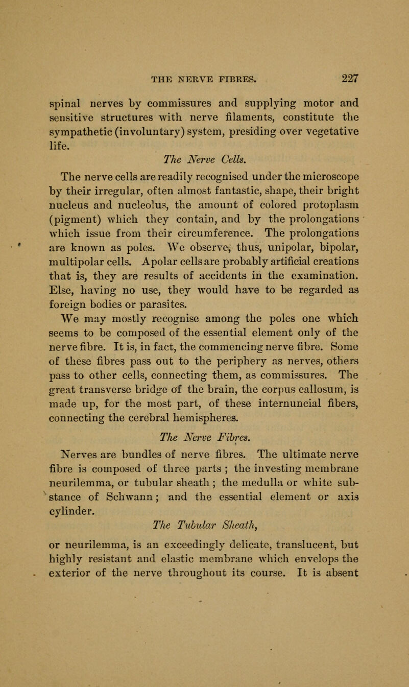 spinal nerves by commissures and supplying motor and sensitive structures with nerve filaments, constitute the sympathetic (involuntary) system, presiding over vegetative life. The Nerve Cells. The nerve cells are readily recognised under the microscope by their irregular, often almost fantastic, shape, their bright nucleus and nucleolus, the amount of colored protoplasm (pigment) which they contain, and by the prolongations which issue from their circumference. The prolongations are known as poles. We observe, thus, unipolar, bipolar, multipolar cells. Apolar cells are probably artificial creations that is, they are results of accidents in the examination. Else, having no use, they would have to be regarded as foreign bodies or parasites. We may mostly recognise among the poles one which seems to be composed of the essential element only of the nerve fibre. It is, in fact, the commencing nerve fibre. Some of these fibres pass out to the periphery as nerves, others pass to other cells, connecting them, as commissures. The great transverse bridge of the brain, the corpus callosum, is made up, for the most part, of these internuncial fibers, connecting the cerebral hemispheres. The Nerve Fibres. Nerves are bundles of nerve fibres. The ultimate nerve fibre is composed of three parts ; the investing membrane neurilemma, or tubular sheath ; the medulla or white sub- stance of Schwann; and the essential element or axis cylinder. The Tubular Sheath, or neurilemma, is an exceedingly delicate, translucent, but highly resistant and elastic membrane which envelops the exterior of the nerve throughout its course. It is absent