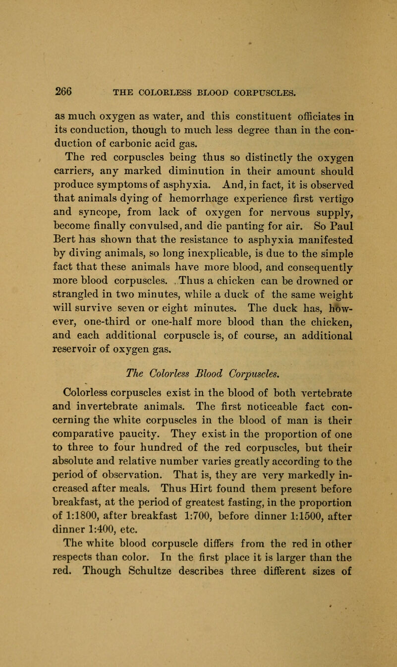 as much oxygen as water, and this constituent officiates in its conduction, though to much less degree than in the con- duction of carbonic acid gas. The red corpuscles being thus so distinctly the oxygen carriers, any marked diminution in their amount should produce symptoms of asphyxia. And, in fact, it is observed that animals dying of hemorrhage experience first vertigo and syncope, from lack of oxygen for nervous supply, become finally convulsed, and die panting for air. So Paul Bert has shown that the resistance to asphyxia manifested by diving animals, so long inexplicable, is due to the simple fact that these animals have more blood, and consequently more blood corpuscles. Thus a chicken can be drowned or strangled in two minutes, while a duck of the same weight will survive seven or eight minutes. The duck has, how- ever, one-third or one-half more blood than the chicken, and each additional corpuscle is, of course, an additional reservoir of oxygen gas. The Colorless Blood Corpuscles. Colorless corpuscles exist in the blood of both vertebrate and invertebrate animals. The first noticeable fact con- cerning the white corpuscles in the blood of man is their comparative paucity. They exist in the proportion of one to three to four hundred of the red corpuscles, but their absolute and relative number varies greatly according to the period of observation. That is, they are very markedly in- creased after meals. Thus Hirt found them present before breakfast, at the period of greatest fasting, in the proportion of 1:1800, after breakfast 1:700, before dinner 1:1500, after dinner 1:400, etc. The white blood corpuscle diners from the red in other respects than color. In the first place it is larger than the red. Though Schultze describes three different sizes of