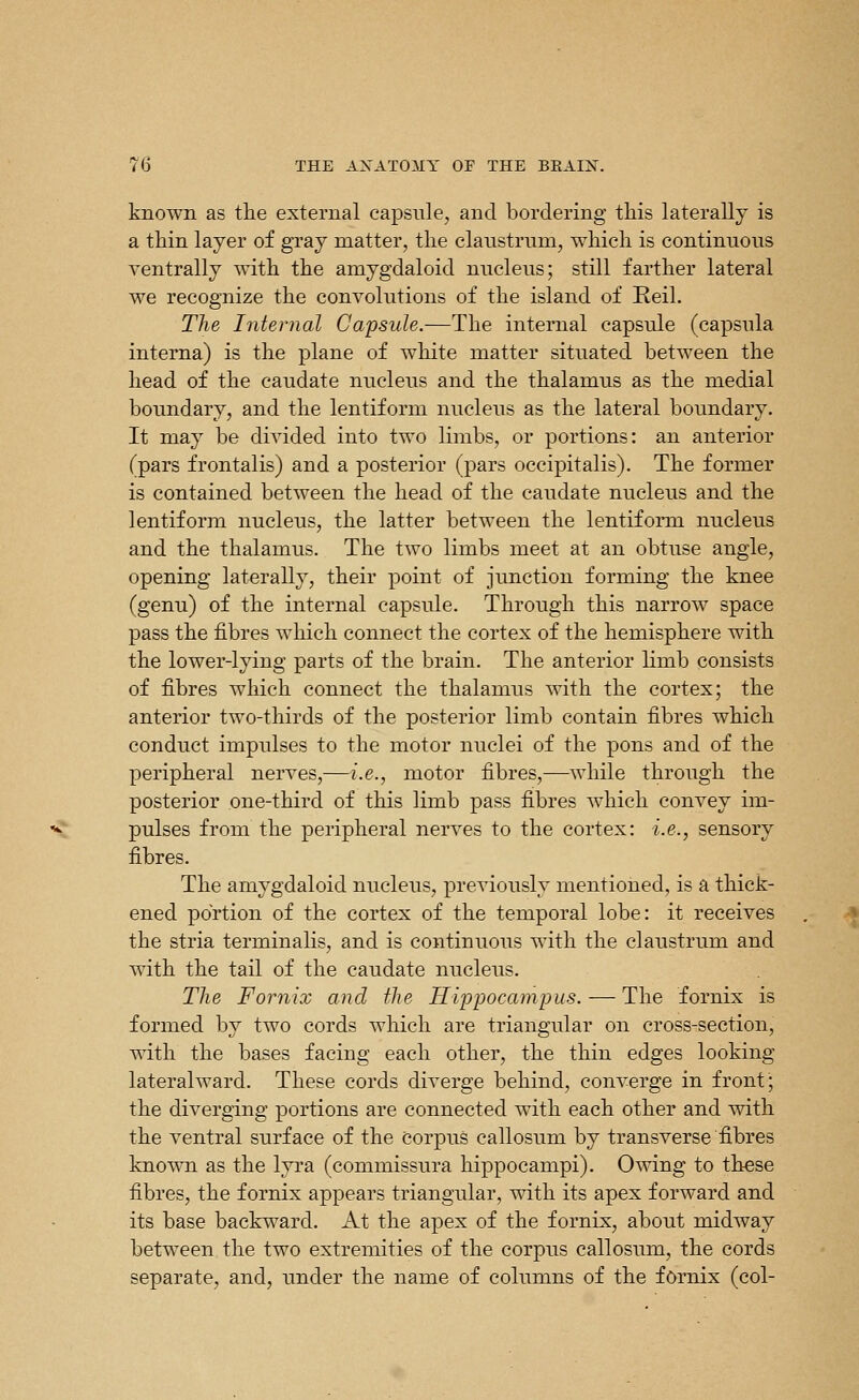 known as tlie external capsule, and bordering this laterally is a thin layer of gray matter, the claustrum, which is continuous ventrally with the amygdaloid nucleus; still farther lateral we recognize the convolutions of the island of Eeil. The Internal Capsule.—The internal capsule (capsula interna) is the plane of white matter situated between the head of the caudate nucleus and the thalamus as the medial boundary, and the lentiform nucleus as the lateral boundary. It may be divided into two limbs, or portions: an anterior (pars frontalis) and a posterior (pars occipitalis). The former is contained between the head of the caudate nucleus and the lentiform nucleus, the latter between the lentiform nucleus and the thalamus. The two limbs meet at an obtuse angle, opening laterally, their point of junction forming the knee (genu) of the internal capsule. Through this narrow space pass the fibres which connect the cortex of the hemisphere with the lower-lying parts of the brain. The anterior hmb consists of fibres which connect the thalamus with the cortex; the anterior two-thirds of the posterior limb contain fibres which conduct impulses to the motor nuclei of the pons and of the peripheral nerves,—i.e., motor fibres,—while through the posterior one-third of this limb pass fibres which convey im- pulses from the peripheral nerves to the cortex: i.e., sensory fibres. The amygdaloid nucleus, previously mentioned, is a thick- ened portion of the cortex of the temporal lobe: it receives the stria terminaHs, and is continuous with the claustrum and with the tail of the caudate nucleus. The Fornix and the Hippocampus.-—-The fornix is formed by two cords which are triangular on cross-section, with the bases facing each other, the thin edges looking lateralward. These cords diverge behind, converge in front; the diverging portions are connected with each other and with the ventral surface of the corpus callosum by transverse fibres known as the lyra (commissura hippocampi). Owing to these fibres, the fornix appears triangular, with its apex forward and its base backward. At the apex of the fornix, about midway between the two extremities of the corpus callosum, the cords separate, and, under the name of columns of the fornix (col-