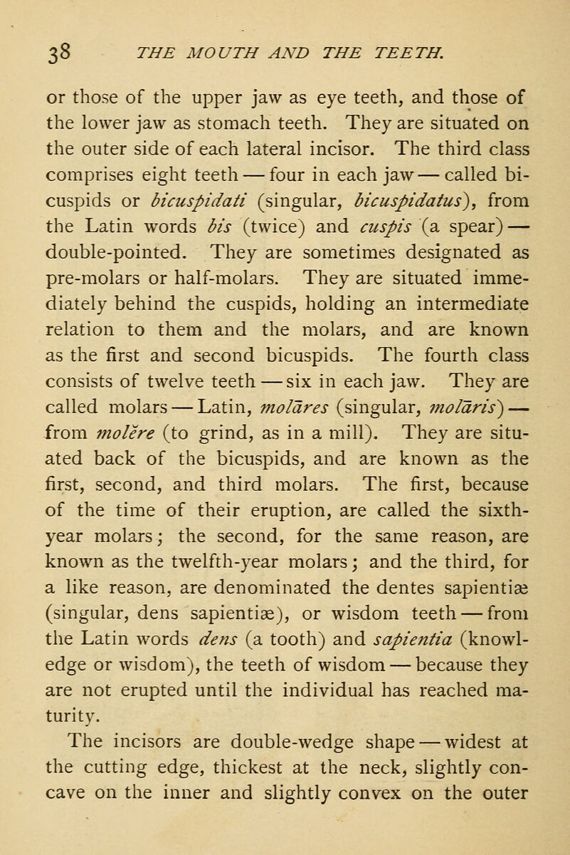 or those of the upper jaw as eye teeth, and those of the lower jaw as stomach teeth. They are situated on the outer side of each lateral incisor. The third class comprises eight teeth — four in each jaw—called bi- cuspids or bicuspidati (singular, bicuspidaius), from the Latin words bis (twice) and cuspis (a spear) — double-pointed. They are sometimes designated as pre-molars or half-molars. They are situated imme- diately behind the cuspids, holding an intermediate relation to them and the molars, and are known as the first and second bicuspids. The fourth class consists of twelve teeth — six in each jaw. They are called molars — Latin, molares (singular, 7nolaris) — from molere (to grind, as in a mill). They are situ- ated back of the bicuspids, and are known as the first, second, and third molars. The first, because of the time of their eruption, are called the sixth- year molars; the second, for the same reason, are known as the twelfth-year molars; and the third, for a like reason, are denominated the dentes sapiential (singular, dens sapientiae), or wisdom teeth — from the Latin words dens (a tooth) and sapientia (knowl- edge or wisdom), the teeth of wisdom — because they are not erupted until the individual has reached ma- turity. The incisors are double-wedge shape — widest at the cutting edge, thickest at the neck, slightly con- cave on the inner and slightly convex on the outer