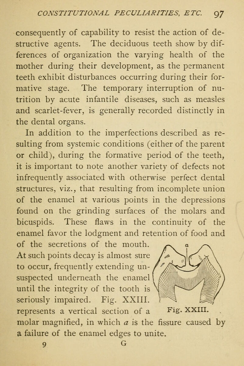 consequently of capability to resist the action of de- structive agents. The deciduous teeth show by dif- ferences of organization the varying health of the mother during their development, as the permanent teeth exhibit disturbances occurring during their for- mative stage. The temporary interruption of nu- trition by acute infantile diseases, such as measles and scarlet-fever, is generally recorded distinctly in the dental organs. In addition to the imperfections described as re- sulting from systemic conditions (either of the parent or child), during the formative period of the teeth, it is important to note another variety of defects not infrequently associated with otherwise perfect dental structures, viz., that resulting from incomplete union of the enamel at various points in the depressions found on the grinding surfaces of the molars and bicuspids. These flaws in the continuity of the enamel favor the lodgment and retention of food and of the secretions of the mouth. At such points decay is almost sure to occur, frequently extending un- suspected underneath the enamel until the integrity of the tooth is seriously impaired. Fig. XXIII. represents a vertical section of a Fig* XXIII. molar magnified, in which a is the fissure caused by a failure of the enamel edges to unite. 9 G