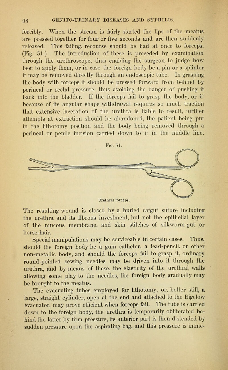 forcibly. When the stream is fairly started the lips of the meatus are pressed together for four or five seconds and are then suddenly released. This failing, recourse should be had at once to forceps. (Fig. 51.) The introduction of these is preceded by examination through the urethroscope, thus enabling the surgeon to judge how best to apply them, or in case the foreign body be a pin or a splinter it may be removed directly through an endoscopic tube. In grasping the body with forceps it should be pressed forward from behind by perineal or rectal pressure, thus avoiding the danger of pushing it back into the bladder. If the forceps fail to grasp the body, or if because of its angular shape withdrawal requires so much traction that extensive laceration of the urethra is liable to result, further attempts at extraction should be abandoned, the patient being put in the lithotomy position and the body being removed through a perineal or penile incision carried down to it in the middle hne. Fig. 51. Urethral forceps. The resulting wound is closed by a buried catgut suture including the urethra and its fibrous investment, but not the epithelial layer of the mucous membrane, and skin stitches of silkworm-gut or horse-hair. Special manipulations may be serviceable in certain cases. Thus, should the foreign body be a gum catheter, a lead-pencil, or other non-metallic body, and should the forceps fail to grasp it, ordinary round-pointed sewing needles may be driven into it through the urethra, and by means of these, the elasticity of the urethral walls allowing some play to the needles, the foreign body gradually may be brought to the meatus. The evacuating tubes employed for lithotomy, or, better still, a large, straight cyhnder, open at the end and attached to the Bigelow evacuator, may prove efficient when forceps fail. The tube is carried down to the foreign body, the urethra is temporarily obhterated be- hind the latter by firm pressure, its anterior part is then distended by sudden pressure upon the aspirating bag, and this pressure is imme-