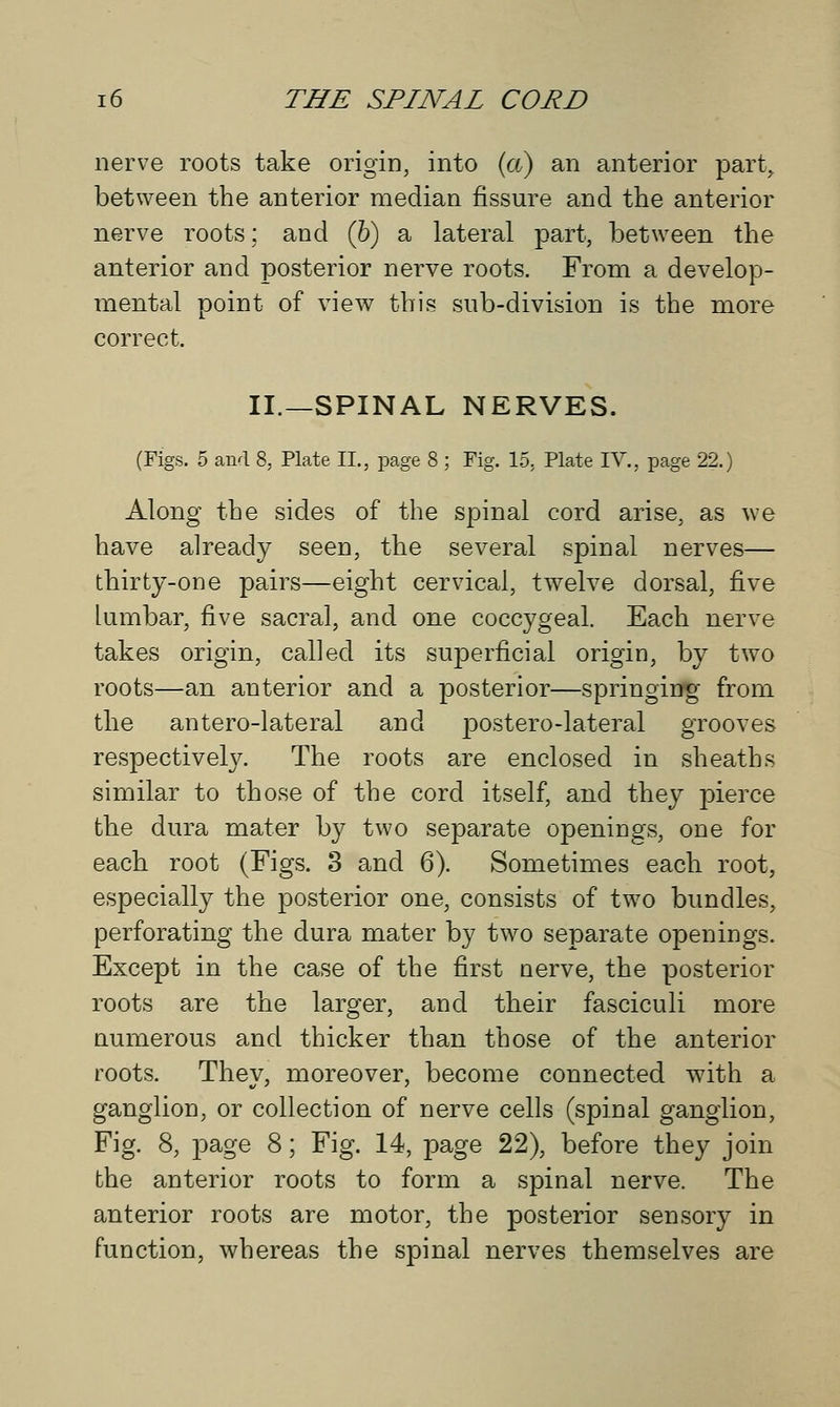 nerve roots take origin, into (a) an anterior part, between the anterior median fissure and the anterior nerve roots; and (6) a lateral part, between the anterior and posterior nerve roots. From a develop- mental point of view this sub-division is the more correct. II.—SPINAL NERVES. (Figs. 5 and 8, Plate II., page 8 ; Fig. 15, Plate IV., page 22.) Along the sides of the spinal cord arise, as we have already seen, the several spinal nerves— thirty-one pairs—eight cervical, twelve dorsal, five lumbar, five sacral, and one coccygeal. Each nerve takes origin, called its superficial origin, by two roots—an anterior and a posterior—springing from the antero-lateral and postero-lateral grooves respectively. The roots are enclosed in sheaths similar to those of the cord itself, and they pierce the dura mater by two separate openings, one for each root (Figs. 3 and 6). Sometimes each root, especially the posterior one, consists of two bundles, perforating the dura mater by two separate openings. Except in the case of the first nerve, the posterior roots are the larger, and their fasciculi more numerous and thicker than those of the anterior roots. Thev, moreover, become connected with a ganglion, or collection of nerve cells (spinal ganglion, Fig. 8, page 8; Fig. 14, page 22), before they join the anterior roots to form a spinal nerve. The anterior roots are motor, the posterior sensory in function, whereas the spinal nerves themselves are