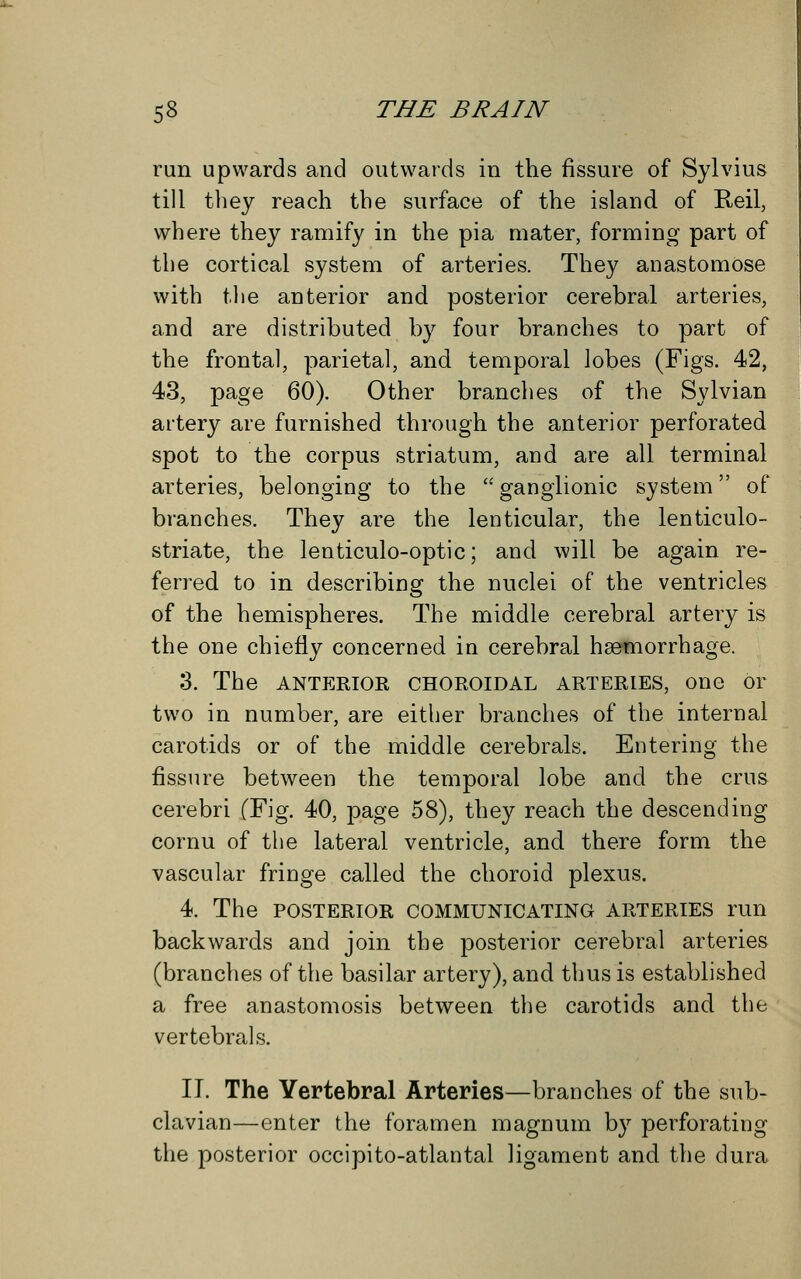 run upwards and outwards in the fissure of Sylvius till they reach the surface of the island of Reil, where they ramify in the pia mater, forming part of the cortical system of arteries. They anastomose with the anterior and posterior cerebral arteries, and are distributed by four branches to part of the frontal, parietal, and temporal lobes (Figs. 42, 43, page 60). Other branches of the Sylvian artery are furnished through the anterior perforated spot to the corpus striatum, and are all terminal arteries, belonging to the  ganglionic system of branches. They are the lenticular, the lenticulo- striate, the lenticulo-optic; and will be again re- ferred to in describing the nuclei of the ventricles of the hemispheres. The middle cerebral artery is the one chiefly concerned in cerebral haemorrhage. 3. The ANTERIOE CHOROIDAL ARTERIES, one Or two in number, are either branches of the internal carotids or of the middle cerebrals. Entering the fissure between the temporal lobe and the cms cerebri (Fig. 40, page 58), they reach the descending cornu of the lateral ventricle, and there form the vascular fringe called the choroid plexus. 4. The POSTERIOR COMMUNICATING ARTERIES mn backwards and join the posterior cerebral arteries (branches of the basilar artery), and thus is established a free anastomosis between the carotids and the vertebral s. IT. The Vertebral Arteries—branches of the sub- clavian—enter the foramen magnum by perforating the posterior occipito-atlantal ligament and the dura
