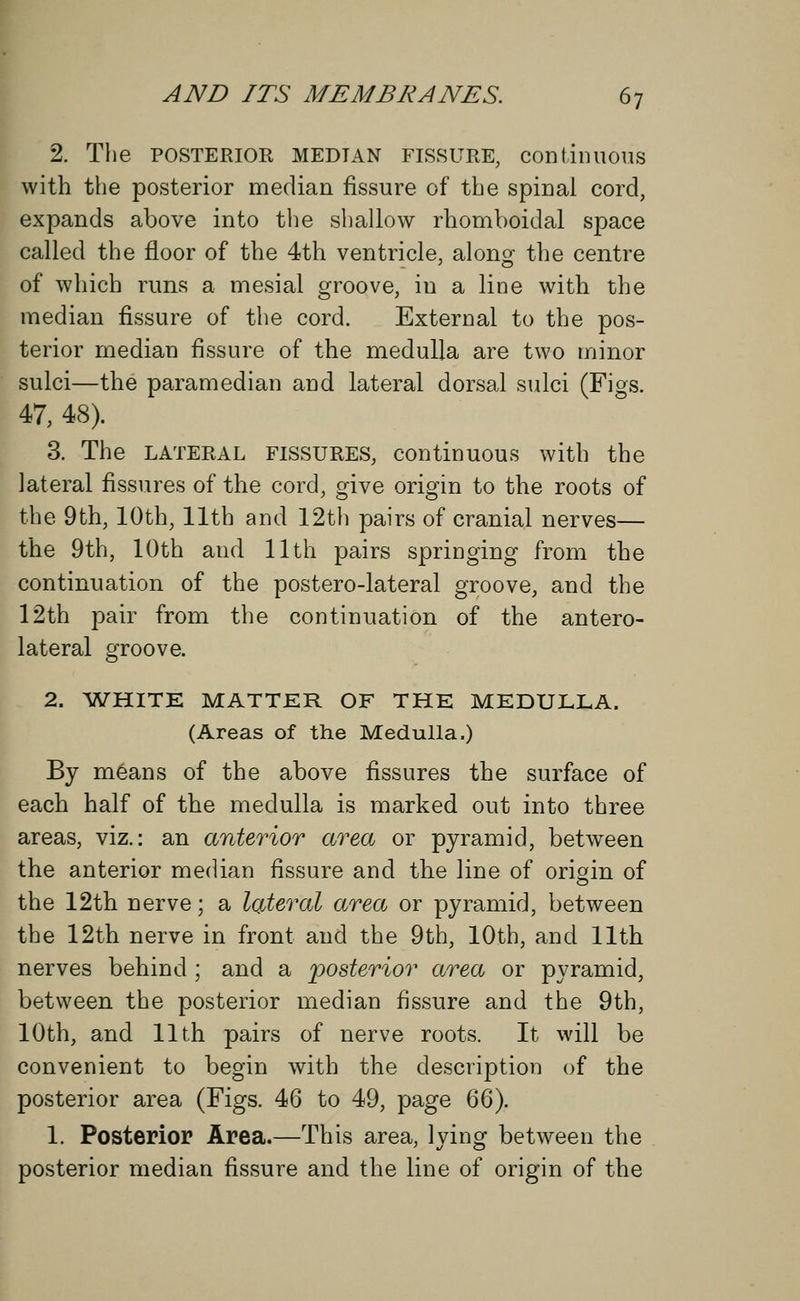 2. The POSTERIOR MEDTAN FISSURE, continuous with the posterior median fissure of the spinal cord, expands above into the shallow rhomboidal space called the floor of the 4th ventricle, alons- the centre of which runs a mesial groove, iu a line with the median fissure of the cord. External to the pos- terior median fissure of the medulla are two minor sulci—the paramedian and lateral dorsal sulci (Figs. 47, 48). 3. The lateral fissures, continuous with the lateral fissures of the cord, give origin to the roots of the 9th, 10th, 11th and 12th pairs of cranial nerves— the 9th, 10th and 11th pairs springing from the continuation of the postero-lateral groove, and the 12th pair from the continuation of the antero- lateral groove. 2. WHITE MATTER OF THE MEDULLA. (Areas of the Medulla.) By means of the above fissures the surface of each half of the medulla is marked out into three areas, viz.: an anterior area or pyramid, between the anterior median fissure and the line of origin of the 12th nerve; a lateral area or pyramid, between the 12th nerve in front and the 9th, 10th, and 11th nerves behind ; and a posterior area or pyramid, between the posterior median fissure and the 9th, 10th, and 11th pairs of nerve roots. It will be convenient to begin with the description of the posterior area (Figs. 46 to 49, page 66). 1. Posterior Area.—This area, lying between the posterior median fissure and the line of origin of the