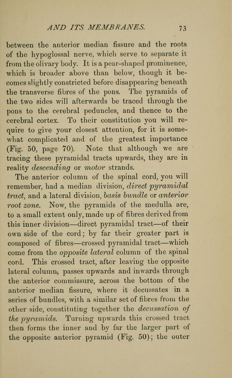 between the anterior median fissure and the roots of the hypoglossal nerve, which serve to separate it from the olivary body. It is a pear-shaped prominence, which is broader above than below, though it be- comes slightly constricted before disappearing beneath the transverse fibres of the pons. The pyramids of the two sides will afterwards be traced through the pons to the cerebral peduncles, and thence to the cerebral cortex. To their constitution you will re- quire to give your closest attention, for it is some- what complicated and of the greatest importance (Fig. 50, page 70). Note that although we are tracing these pyramidal tracts upwards, they are in reality descending or motor strands. The anterior column of the spinal cord, you will remember, had a median division, direct pyramidal tract, and a lateral division, basis bundle or anterior root zone. Now, the pyramids of the medulla are, to a small extent only, made up of fibres derived from this inner division—direct pyramidal tract—of their own side of the cord; by far their greater part is composed of fibres—crossed pyramidal tract—which come from the opposite lateral column of the spinal cord. This crossed tract, after leaving the opposite lateral column, passes upwards and inwards through the anterior commissure, across the bottom of the anterior median fissure, where it decussates in a series of bundles, with a similar set of fibres from the other side, constituting together the decussation of the 'pyramids. Turning upwards this crossed tract then forms the inner and by far the larger part of the opposite anterior pyramid (Fig. 50); the outer