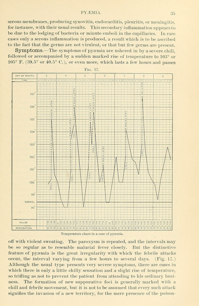 serous membranes, producing synovitis, endocarditis, iileuritis, or meningitis, for instance, with their usual results. This secondary inflammation appears to be due to the lodging of bacteria or minute emboli in the capillaries. In rare cases only a serous inflammation is produced, a result which is to be ascribed to the fact that the germs are not virulent, or that but few germs are present. Symptoms.—The symptoms of pyaemia are ushered in by a severe chill, followed or accompanied by a sudden marked rise of temperature to 103° or 105° F. (39.5° or 40.5° C), or even more, which lasts a few hom-s and passes Fig. 17. DAV OF MONTH 3 4 5 1 6 7 s 9 1 TIME 3 1M ^ a 12 -t 3 Vi u IJ 1 u 4 |12 4 8 12 4 B 12 ■I e 12 4 a IL 4 a 12 0 1-.' tj 4 Jl IP 107° 106° 105° 104° 103° 102° 101° 100° 99° 98° 1^ - s . z z tr ^ 1 - f z - - - - x — ~ -- -^- j .- ' - - - -i -- j - 'x 1 -|- - -1 i <-. 1 ' 1 7 I'l CC f^ ' =H=i=-i - -11. T 1 ^ \ !' ^1 =c=:=^ = :' t\ il - _ J — ) - _L; 1 .. _. 1 1 - - - - - 1 1 || -1 M ■ i J ^^ '1 , - - - -r --- - ^ - - - ~ - - \ jx \ 1 - - 1 ?^ 1 7~ l\ u lJ \ 1 1! ] 1 1 I / 1 ^ aH ~ -h-!tr - 1 ._. f ~ - - j- P 1 1 ; '''']'  ' r [ (Oi \ 1 \ 1 H L / - ;, 1 1 w h- \l^ -v-i— V \ 1 \ j (_ i / \h\ / ' \ \, 1 . . ' / f 1 1 - y _ - / / ', -:—;—:-'- ■ \ —-— 1 / - \ j -j- - - \-l j 1 V i r 1 LJ^; [ 1 i \ h i 1 1/ 1 - 1 1 ( PULSE 2 § 2 g i 1 i g s 5 S 1 2 I 2 = 1 s £ s s s ^ 2 s s 1 2 ° H S i 1 1 i § 2 1 RESPIRATION a s S S s a s s % ^ s s!g|K S! 3 S K S s s s s S g Sj s g s g S g 2 2 s s s ?3 Temperature chart In a case of pyaemia. off with violent sweating. The paroxysm is repeated, and the intervals may be so regular as to resemble malarial fever closely. But the distinctive feature of pysemia is the great irregularity with which the febrile attacks occur, the interval varying from a few hours to several days. (Fig. 17.) Although the usual type presents very severe symptoms, there are cases in which there is only a little chilly sensation and a slight rise of temperature, so trifling as not to prevent the patient from attending to his ordinary busi- ness. The formation of new sui^purative foci is generally marked with a chill and febrile movement, but it is not to be assumed that every such attack signiiies the invasion of a new teriitorj'', for the mere presence of the poison-