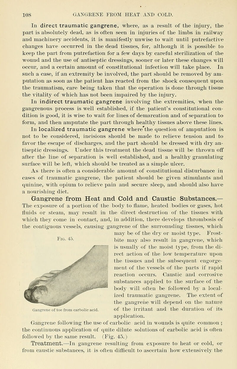 In direct traumatic gangrene, where, as a result of the injury, the part is absohitely dead, as is often seen in injuries of the limbs in railway and machinery accidents, it is manifestly unwise to wait until putrefactive changes have occurred in the dead tissues, for, although it is possible to keep the part fi-om putrefaction for a few days by careful sterilization of the wound and the use of antiseptic dressings, sooner or later these changes will occur, and a certain amount of constitutional infection will take i^lace. In such a case, if an extremity be involved, the part should be removed by am- putation as soon as the patient has reacted from the shock consequent upon the traumatism, care being taken that the operation is done through tissue the vitality of which has not been impaired by the injury. In indirect traumatic gangrene involving the extremities, when the gangrenous process is well established, if the patient-s constitutional con- dition is good, it is wise to wait for lines of demarcation and of separation to form, and then amputate the part through healthy tissues above these lines. In localized traumatic gangrene where'the question of amputation is not to be considered, incisions should be made to relieve tension and to favor the escape of discharges, and the part should be dressed with dry an- tiseiitic dressings. Under this treatment the dead tissue will be thrown off after the line of separation is well established, and a healthy granulating surface will be left, which should be treated as a simple ulcer. As there is often a considerable amount of constitutional disturbance in cases of traumatic gangrene, the patient should be given stimulants and quinine, with opium to relieve jjain and secure sleej), and should also have a nourishing diet. Gangrene frora Heat and. Cold and Caustic Substances.— The exposure of a portion of the body to flame, heated bodies or gases, hot fluids or steam, may result in the direct destruction of the tissues with which they come in contact, and, in addition, there develops thrombosis of the contiguous vessels, causing gangrene of the surrounding tissues, which may be of the dry or moist type. Frost- ^i<^- ^^^ bite may also result in gangrene, which is usually of the moist type, from the di- rect action of the low temperature uj)ou the tissues and the subsequent engorge- ment of the vessels of the parts if rapid reaction occurs. Caustic and corrosive substances applied to the sui-face of the liody will often be followed by a local- ized traumatic gangrene. The extent of the gangrene will depend on the nature Gangrene of toe from carboUc acid. of the irritant and the duration of its application. Gangrene following the use of carbolic acid in wounds is quite common ; the continuous application of quite dilute solutions of carbolic acid is often followed by the same result. (Fig. 45.) Treatment.—In gangrene resulting from exposure to heat or cold, or from caustic substances, it is often difficult to ascertain how extensively the