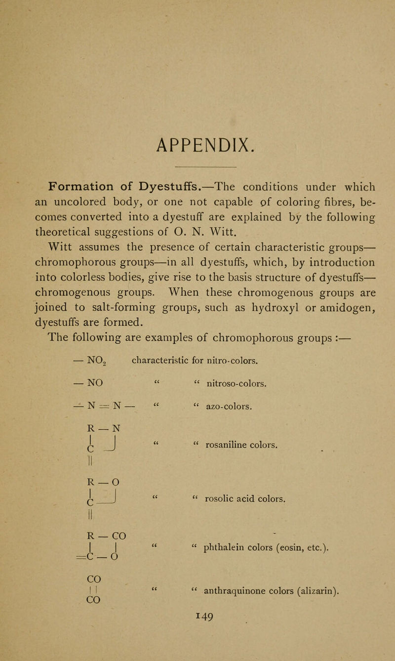 APPENDIX. Formation of Dyestuffs.—The conditions under which an uncolored body, or one not capable of coloring fibres, be- comes converted into a dyestuff are explained by the following theoretical suggestions of O. N. Witt. Witt assumes the presence of certain characteristic groups— chromophorous groups—in all dyestuffs, which, by introduction into colorless bodies, give rise to the basis structure of dyestuffs— chromogenous groups. When these chromogenous groups are joined to salt-forming groups, such as hydroxyl or amidogen, dyestuffs are formed. The following are examples of chromophorous groups :— -NO, characteristic for nitro-colors. — NO   nitroso-colors. — N^:.: N- —   azo-colors. R — N 1 C ~J   rosaniline colors, R —O I I C > il R — CO i-ci CO 11 CO   rosolic acid colors.   phthalein colors (eosin, etc.).   anthraquinone colors (alizarin),