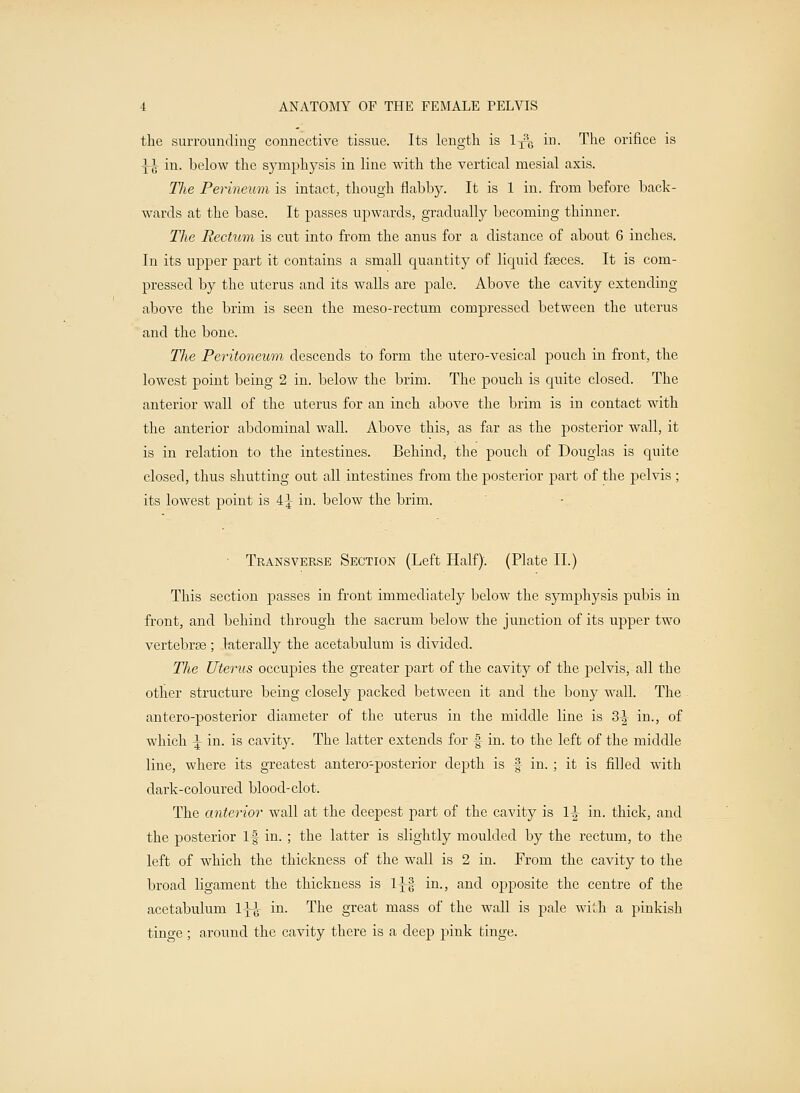 the surrounding connective tissue. Its length is 1^ in. The orifice is } I in. below the symphysis in line with the vertical mesial axis. Tlie Perineum is intact, though flabby. It is 1 in. from before back- wards at the base. It passes upwards, gradually becoming thinner. The Rectum is cut into from the anus for a distance of about 6 inches. In its upper part it contains a small quantity of liquid faeces. It is com- pressed by the uterus and its walls are pale. Above the cavity extending above the brim is seen the meso-rectum compressed between the uterus and the bone. The Peritoneum descends to form the utero-vesical pouch in front, the lowest point being 2 in. below the brim. The pouch is quite closed. The anterior wall of the uterus for an inch above the brim is in contact with the anterior abdominal wall. Above this, as far as the posterior wall, it is in relation to the intestines. Behind, the pouch of Douglas is quite closed, thus shutting out all intestines from the posterior part of the pelvis ; its lowest point is i\ in. below the brim. Transverse Section (Left Half). (Plate II.) This section passes in front immediately below the symphysis pubis in front, and behind through the sacrum below the junction of its upper two vertebrae ; laterally the acetabulum is divided. TJie Uterus occupies the greater part of the cavity of the pelvis, all the other structure being closely packed between it and the bony wall. The antero-posterior diameter of the uterus in the middle line is 3^ in., of which J in. is cavity. The latter extends for f in. to the left of the middle line, where its greatest antero-posterior depth is f in. ; it is filled with dark-coloured blood-clot. The anterior wall at the deepest part of the cavity is l-£- in. thick, and the posterior If in. ; the latter is slightly moulded by the rectum, to the left of which the thickness of the wall is 2 in. From the cavity to the broad ligament the thickness is 1^| in., and opposite the centre of the acetabulum 1^ in. The great mass of the wall is pale with a pinkish tinge ; around the cavity there is a deep pink tinge.