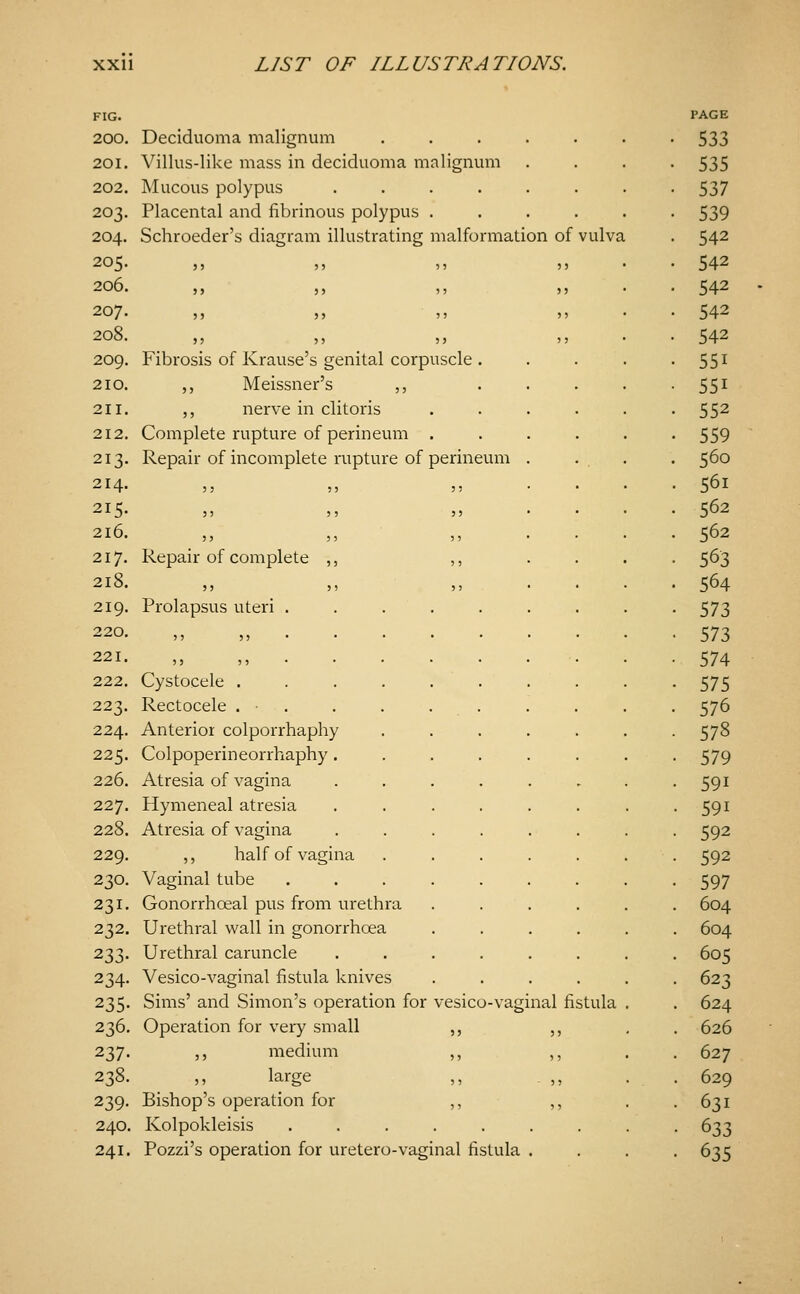 FIG. 200. 20I. 202. 203. 204. 205. 206. 207. 208. 209. 210. 211. 212. 213. 214. 215- 216. 217. 218. 219. 220. 221. 222. 223. 224. 225. 226. 227. 228. 229. 230. 231. 232. 233- 234- 235- 236. 237- 238. 239- 240. 241. Deciduoma malignum ..... Villus-like mass in deciduoma malignmn Mucous polypus ...... Placental and fibrinous polypus .... Schroeder's diagram illustrating malformation of vulva Fibrosis of Krause's genital corpuscle . ,, Meissner's ,, ,, nerve in clitoris Complete rupture of perineum . Repair of incomplete rupture of perineum Repair of complete ,, Prolapsus uteri . Cystocele . Rectocele . . Anterior colporrhaphy Colpoperineorrhaphy. Atresia of vagina Hymeneal atresia Atresia of vagina ,, half of vagina Vaginal tube Gonorrhoeal pus from urethra Urethral wall in gonorrhoea Urethral caruncle Vesico-vaginal fistula knives Sims' and Simon's operation for vesico-vagina Operation for very small ,, ,, medium ,, ,, large Bishop's operation for ,, Kolpokleisis ..... Pozzi's operation for uretero-vaginal fistula fistula