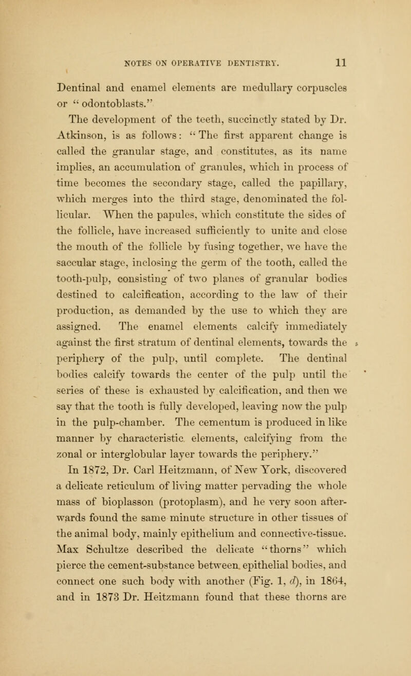 Dentinal and enamel elements are medullary corpuscles or  odontoblasts. The development of the teeth, succinctly stated by Dr. Atkinson, is as follows:  The first apparent change is called the granular stage, and constitutes, as its name implies, an accumulation of granules, which in process of time becomes the secondary stage, called the papillary, which merges into the third stage, denominated the fol- licular. When the papules, which constitute the sides of the follicle, have increased sufficiently to unite and close the mouth of the follicle by fusing together, we have the saccular stage, inclosing the germ of the tooth, called the tooth-pulp, consisting of two planes of granular bodies destined to calcification, according to the law of their production, as demanded by the use to which they are assigned. The enamel elements calcify immediately against the first stratum of dentinal elements, towards the » periphery of the pulp, until complete. The dentinal bodies calcify towards the center of the pulp until the series of these is exhausted by calcification, and then we say that the tooth is fully develoj^ed, leaving now the pulp in the pulp-chamber. The cementum is produced in like manner by characteristic elements, calcifying from the zonal or interglobular layer towards the periphery. In 1872, Dr. Carl Heitzmann, of Xew York, discovered a delicate reticulum of living matter pervading the whole mass of bioplasson (protoplasm), and he very soon after- wards found the same minute structure in other tissues of the animal body, mainly epithelium and connective-tissue. Max Schultze described the delicate ''thorns which pierce the cement-substance between, epithelial bodies, and connect one such body with another (Fig. 1, ^, in 1864, and in 1873 Dr. Heitzmann found that these thorns are