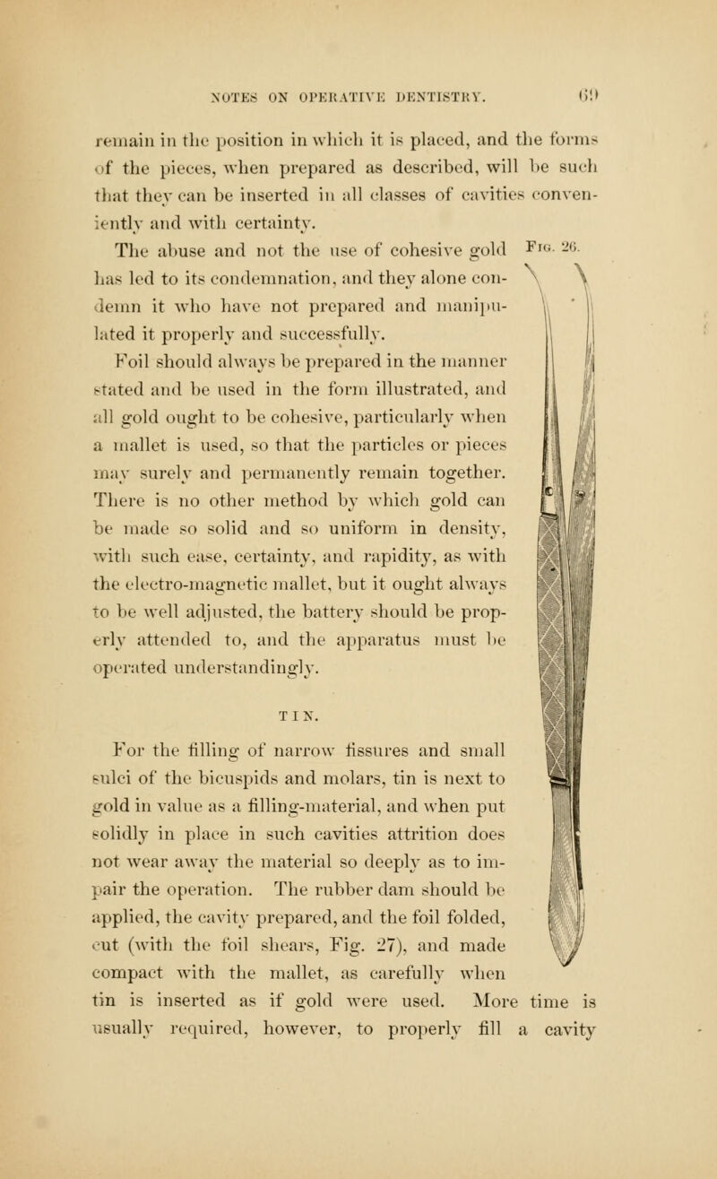 remain in the position in wliicli it ii^ placed, and tlie forms of the pieces, when prepared as described, will be such that they can be inserted in all classes of cavities conven- itntlv and with certainty. The abuse and not the use of cohesive gold Fig. 20. has led to its condemnation, and they alone con- demn it who have not prepared and manii)U- lated it properly and successfully. Foil should always be prepared in the manner stated and be used in the form illustrated, and all gold ought to be cohesive, particularly when a mallet is used, so that the particles or pieces may surely and permanently remain together. There is no other method by which gold can be made so solid and so uniform in density, with such ease, certainty, and rapidity, as with the electro-magnetic mallet, but it ought always to be well adjusted, the battery should be prop- erly attended to, and the apparatus must l»e operated understandingly. TIN. For the tilling of narrow tissures and small sulci of the bicuspids and molars, tin is next to gold in value as a filling-material, and when put solidly in place in such cavities attrition does not wear away the material so deeply as to im- pair the operation. The rubber dam should be applied, the cavity prepared, and the foil folded, out (with the foil shears. Fig. 27), and made compact with the mallet, as carefully when tin is inserted as if gold were used. More time is usually required, however, to properly fill a cavity