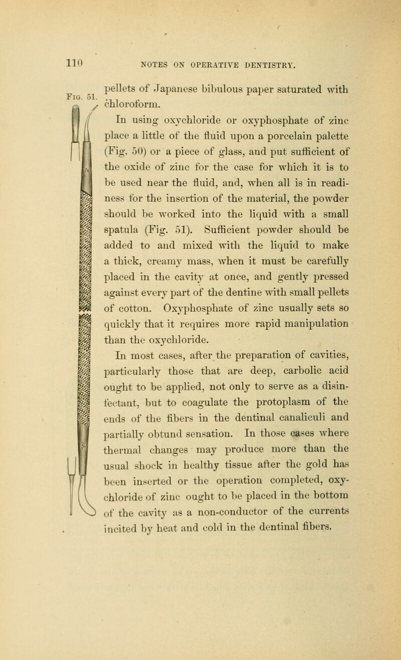 Fig. 51. / pellets of Japanese bibulous paper saturated with chloroform. In using oxjehloride or oxyphosphate of zinc place a little of the fluid upon a porcelain palette (Fig. 50) or a piece of glass, and put sufficient of the oxide of zinc for the case for which it is to be used near the fluid, and, when all is in readi- ness for the insertion of the material, the powder should be worked into the liquid with a small spatula (Fig. 51). Sufficient powder should be added to and mixed with the liquid to make a thick, creamy mass, when it must be carefully placed in the cavity at once, and gently pressed against every part of the dentine with small pellets of cotton. Oxyphosphate of zinc usually sets so quickly that it requires more rapid manipulation than the oxychloride. In most cases, after the preparation of cavities, particularly those that are deep, carbolic acid ought to be applied, not only to serve as a disin- fectant, but to coagulate the protoplasm of the ends of the fibers in the dentinal canaliculi and partially obtund sensation. In those cases where thermal changes may produce more than the usual shock in healthy tissue after the gold has been inserted or the operation completed, oxy- chloride of zinc ought to be placed in the bottom of the cavity as a non-conductor of the currents incited by heat and cold in the dentinal fibers.