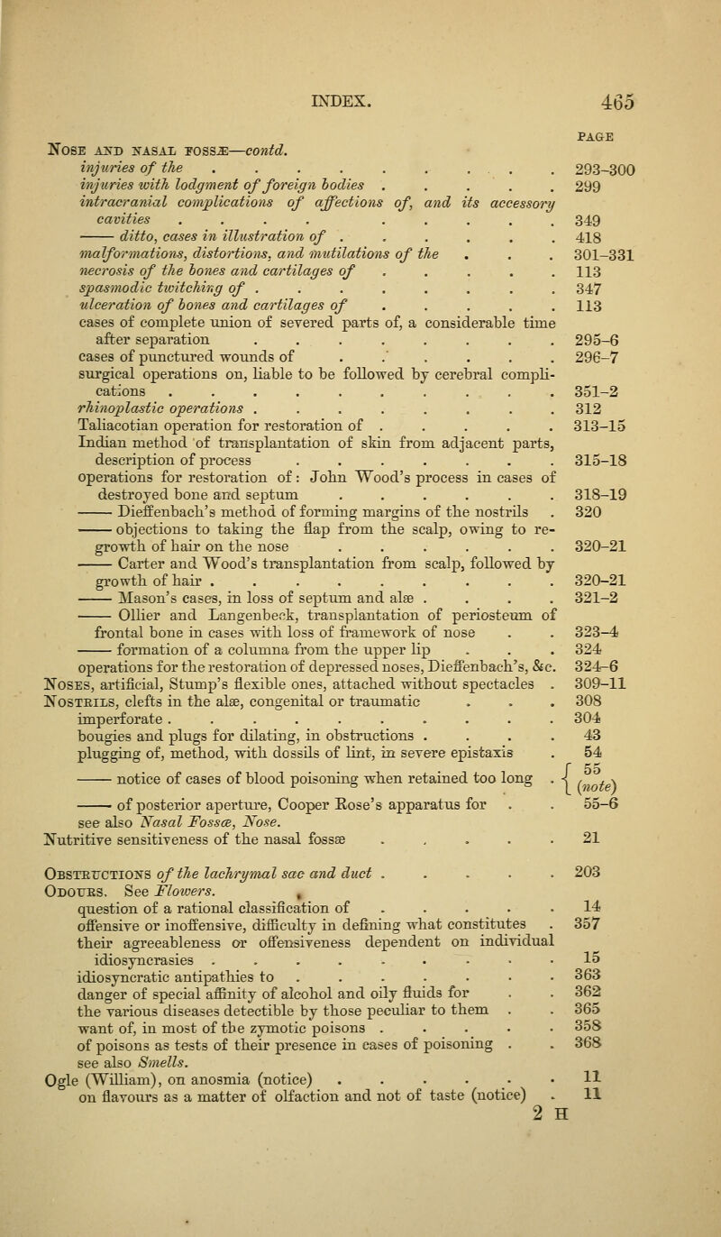 PA&E Nose ais'd kasax toss^—contd. injuries of the . . . . . .... . 293-300 injuries tvith lodgment of foreign hodies . . , . . 299 intracranial complications of affections of, and its accessory cavities .... ..... 349 ditto, cases in illustration of . , . . . . 418 malformations, distortions, and mutilations of the . . . 301-331 necrosis of the bones and cartilages of , . , . . 113 spasmodic tioitching of . . . . . . . . 347 ulceration of bones and cartilages of .... . 113 cases of complete union of severed parts of, a considerable time after separation ........ 295-6 cases of punctured wounds of . . . . . . 296-7 siirgical operations on, liable to be followed by cerebral compli- cations .......... 351-2 rhinoplastic operations ........ 312 Taliacotian operation for restoration of . . . . . 313-15 Indian method of transplantation of skin from adjacent parts, description of process ....... 315-18 operations for restoration of: John Wood's process in cases of destroyed bone and septum ...... 318-19 DiefEenbacb's method of forming margins of the nostrils . 320 objections to taking the flap from the scalp, owing to re- growth of hair on the nose ...... 320-21 Carter and Wood's transplantation fi'om scalp, followed by growth of hair 320-21 Mason's cases, in loss of septum and alse .... 321-2 Oilier and Langenbeck, transplantation of periosteimi of frontal bone in cases with loss of framework of nose . . 323-4 formation of a columna from the upper lip . . . 324 operations for the restoration of depressed noses, Dieffenbach's, &c. 324-6 Noses, artificial. Stump's flexible ones, attached without spectacles . 309-11 NosTEiLS, clefts in the alae, congenital or traumatic . . . 308 imperforate .......... 304 bougies and plugs for dilating, in obstructions .... 43 plugging of, method, with dossils of lint, in severe epistaxis . 54 notice of cases of blood poisoning when retained too long ■ \ r, f \ of posterior aperture. Cooper Rose's apparatus for . . 55-6 see also Nasal Fosscb, Nose. Nutritive sensitiveness of the nasal fossae , , . . . 21 Obstetjctions of the lachrymal sac and duct ..... 203 Odoues, See Floivers. , question of a rational classification of . . . . .14 offensive or inoffensive, difficulty in defining what constitutes . 357 theu' agreeableness or offensiveness dependent on individual idiosyncrasies ,.,. = .••• 15 idiosyncratic antipathies to ....•• • 363 danger of special affinity of alcohol and oily fluids for . . 362 the various diseases detectible by those peculiar to them . . 365 want of, in most of the zymotic poisons ..... 358 of poisons as tests of their presence in eases of poisoning . . 368 see also Smells. Ogle (William), on anosmia (notice) ...... H on flavours as a matter of olfaction and not of taste (notice) . 11 2 H