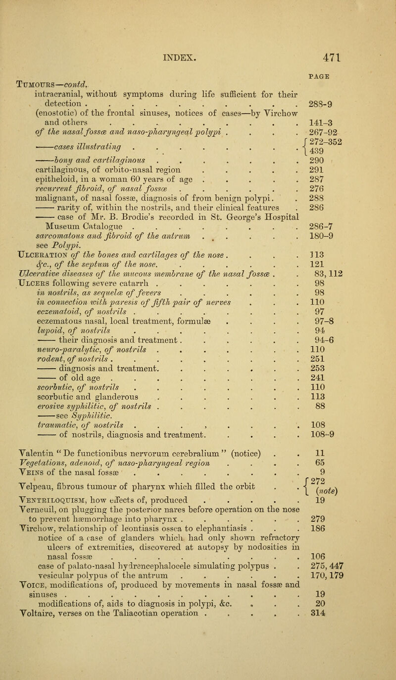 TxiMOTJUS—contd. intracranial, without symptoms during life sufficient for their detection ....... (enostotic) of the frontal sinuses, notices of cases—by Yirchow and others ...... of the nasal fosscB and naso-jpJiaryngeql polypi . cases illustrating . . . . —hony and cartilaginous .... cartilaginous, of orbito-nasal region epitheloid, in a woman 60 years of age recurrent fibroid^ of nasal fossae malignant, of nasal fossae, diagnosis of from benign polypi. rarity of, within the nostrils, and their clinical features case of Mr. B. Brodie's recorded in St. G-eorge's Hospital Museum Catalogue ....... sarcomatous and fibroid of the antrum . _ . see Polypi. Ulceration of the hones and cartilages of the nose . Sfc, of the septum of the nose. ..... Ulcerative diseases of the mucous membrane of the nasal fossae . Ulcees following severe catarrh ...... in nostrils, as sequelae of fevers ..... in connection with paresis of fifth pair of nerves eczematoid, of nostrils ....... eczematoas nasal, local treatment, formulae lupoid, of nostrils ....... their diagnosis and treatment..... neuro-paralytic, of nostrils ...... rodent, of nostrils . . . . . ' . diagnosis and treatment. ..... of old age . . . . . . . scorbutic, of nostrils ....... scorbutic and glanderous ...... erosive syphilitic, of nostrils ...... see Syphilitic. traumatic, of nostrils ....... of nostrils, diagnosis and treatment. Valentin  De functionibus nervorum cerebralium  (notice) Vegetations, adenoid, of naso-pharyngeal region Yeins of the nasal fossae ....... Yelpeau, fibrous tumour of pharynx which filled the orbit Yentbiloquism, how eiFects of, produced .... Yerneuil, on plugging the posterior nai-es before operation on the nose to prevent haemorrhage into pliarynx . . . Yirchow, relationship of leontiasis ossea to elephantiasis notice of a case of glanders which had only shown refractory ulcers of extremities, discovered at autopsy by nodosities in nasal fossae .... . . . . case of palato-nasal hydrencephalocele simulating polypus . vesicular polypus of the antrum ...... YoiCE, modifications of, produced by movements in nasal fossae and sinuses ........... modifications of, aids to diagnosis in polypi, &c. . Yoltaire, verses on the Taliacotian operation . . . . . PAGE 288-9 141-3 267-92 r 272-352 14.39 290 291 287 276 288 286 286-7 180-9 ]13 121 83,112 98 98 110 97 97-8 94 94-6 110 251 253 241 110 113 88 108 108-9 11 65 9 r272 \ {note) 19 279 186 106 275, 447 170,179 19 20 314