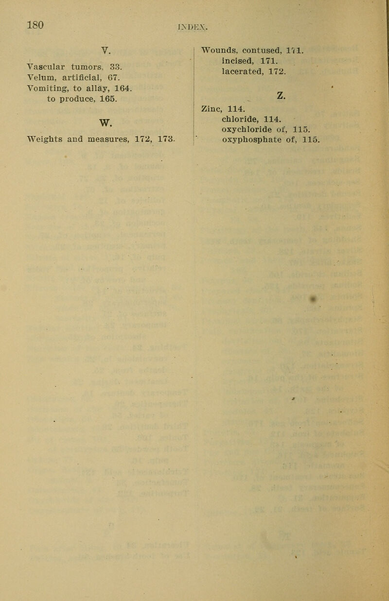 Vascular tumors, 33. Velum, artificial, 67. Vomiting, to allay, 164. to produce, 165. W. Weights and measures, 172, 173. Wounds, contused, 171. incised, 171. lacerated, 172. Z. Zinc, 114. chloride, 114. oxychloride of, 115. oxyphosphate of, 115.