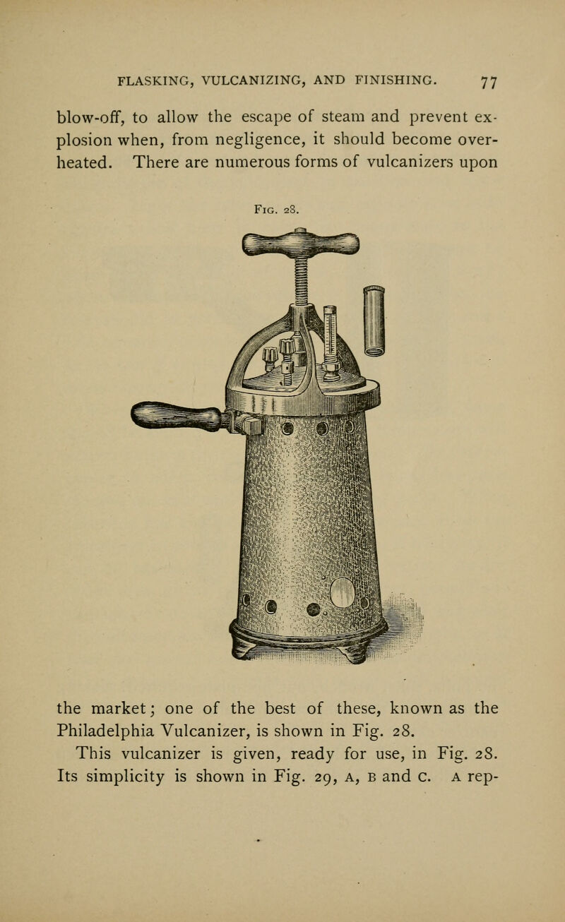 blow-off, to allow the escape of steam and prevent ex- plosion when, from negligence, it should become over- heated. There are numerous forms of vulcanizers upon Fig. 28. the market; one of the best of these, known as the Philadelphia Vulcanizer, is shown in Fig. 28. This vulcanizer is given, ready for use, in Fig. 28. Its simplicity is shown in Fig. 29, a, b and c. a rep-