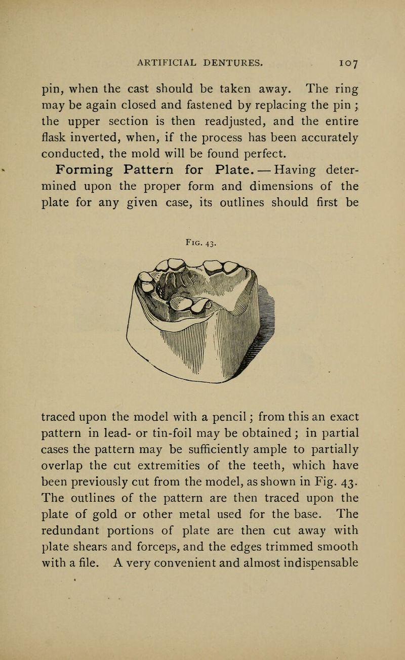 pin, when the cast should be taken away. The ring may be again closed and fastened by replacing the pin ; the upper section is then readjusted, and the entire flask inverted, when, if the process has been accurately conducted, the mold will be found perfect. Forming Pattern for Plate. — Having deter- mined upon the proper form and dimensions of the plate for any given case, its outlines should first be Fig. 43. traced upon the model with a pencil; from this an exact pattern in lead- or tin-foil may be obtained; in partial cases the pattern may be sufficiently ample to partially overlap the cut extremities of the teeth, which have been previously cut from the model, as shown in Fig. 43. The outlines of the pattern are then traced upon the plate of gold or other metal used for the base. The redundant portions of plate are then cut away with plate shears and forceps, and the edges trimmed smooth with a file. A very convenient and almost indispensable