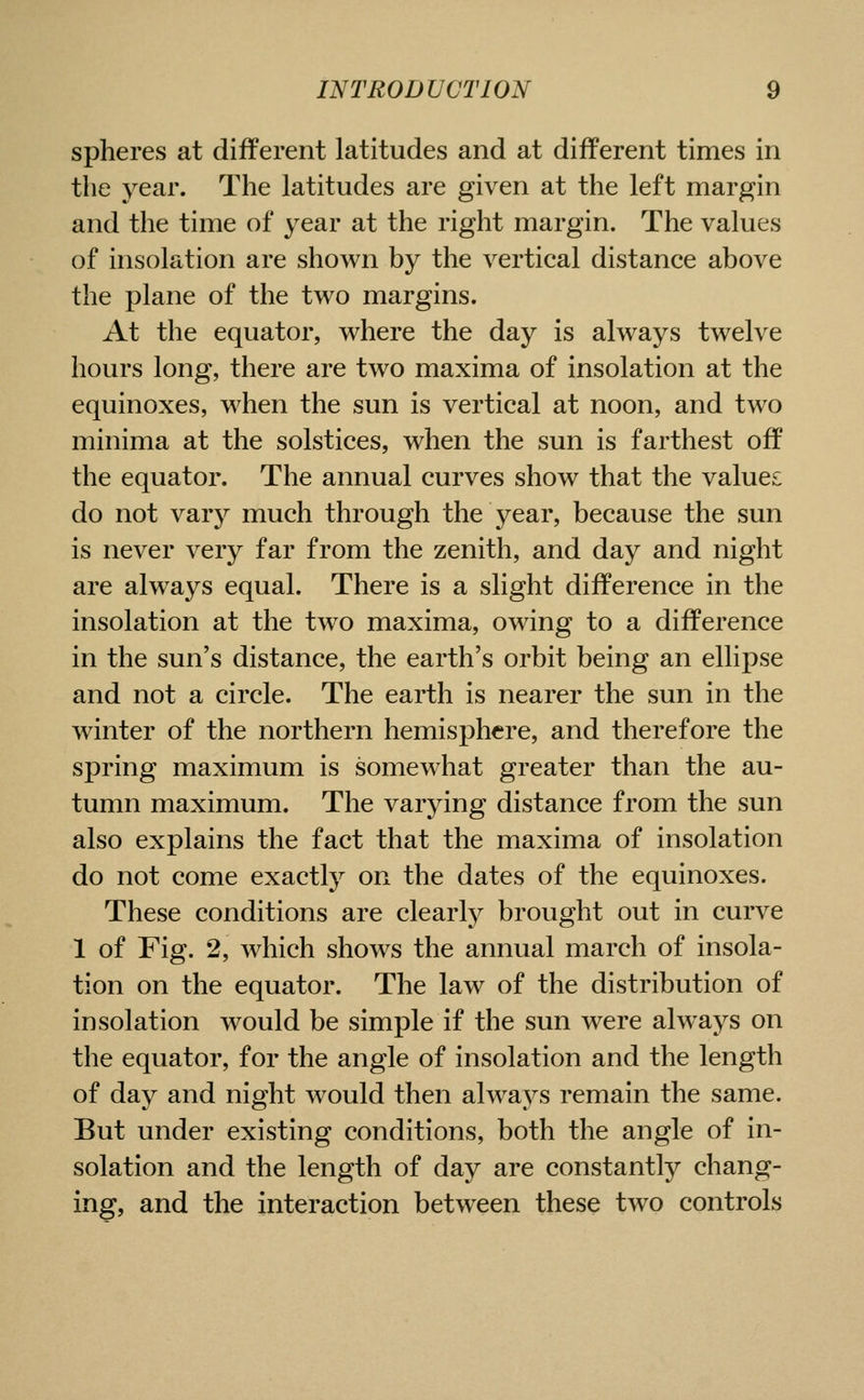 spheres at different latitudes and at different times in tlie year. The latitudes are given at the left margin and the time of year at the right margin. The values of insolation are shown by the vertical distance above the plane of the two margins. At the equator, where the day is always twelve hours long, there are two maxima of insolation at the equinoxes, when the sun is vertical at noon, and two minima at the solstices, when the sun is farthest off the equator. The annual curves show that the values do not vary much through the year, because the sun is never very far from the zenith, and day and night are always equal. There is a slight difference in the insolation at the two maxima, owing to a difference in the sun's distance, the earth's orbit being an ellipse and not a circle. The earth is nearer the sun in the winter of the northern hemisphere, and therefore the spring maximum is somewhat greater than the au- tumn maximum. The varying distance from the sun also explains the fact that the maxima of insolation do not come exactly on the dates of the equinoxes. These conditions are clearly brought out in curve 1 of Fig. 2, which shows the annual march of insola- tion on the equator. The law of the distribution of insolation would be simple if the sun were always on the equator, for the angle of insolation and the length of day and night would then always remain the same. But under existing conditions, both the angle of in- solation and the length of day are constantly chang- ing, and the interaction between these two controls