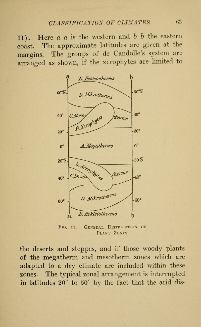 11). Here a a is the western and b h the eastern coast. The approximate latitudes are given at the margins. The groups of de Candolle's system are arranged as shown, if the xerophytes are hmited to ^ K Eekistotherms -eo'N Fig. II. General Distribution of Plant Zones the deserts and steppes, and if those woody plants of the megatherm and mesotherm zones which are adapted to a dry climate are included within these zones. The typical zonal arrangement is interrupted in latitudes 20° to 50° by the fact that the arid dis-