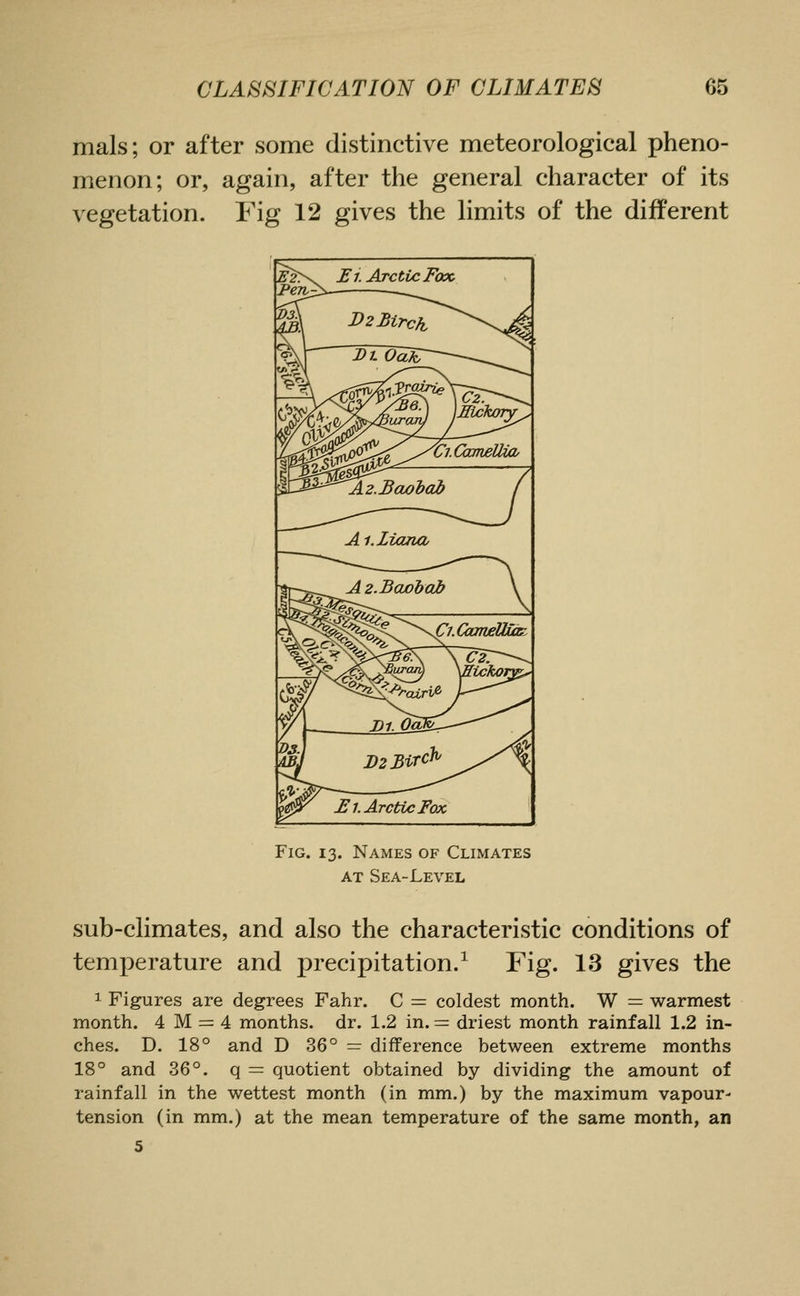 mals; or after some distinctive meteorological pheno- menon; or, again, after the general character of its vegetation. Fig 12 gives the limits of the different Z'2N. J^i Arctic Fox. Peit- FiG. 13. Names of Climates AT Sea-Level sub-climates, and also the characteristic conditions of temperature and precipitation/ Fig. 13 gives the 1 Figures are degrees Fahr. C = coldest month. W = warmest month. 4 M = 4 months, dr. 1.2 in. = driest month rainfall 1.2 in- ches. D. 18° and D 36° =^ difference between extreme months 18° and 36°. q = quotient obtained by dividing the amount of rainfall in the wettest month (in mm.) by the maximum vapour- tension (in mm.) at the mean temperature of the same month, an