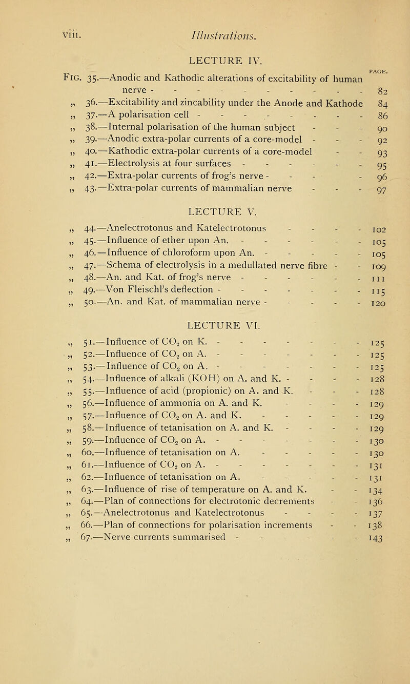 LECTURE IV. PAGE. t IG. 35.^—Anodic and Kathodic alterations of excitability of human nerve ---------- 82 „ 36.—Excitability and zincability under the Anode and Kathode 84 „ 37.—A polarisation cell - - - - - - - - 86 „ 38.—Internal polarisation of the human subject - - - 90 „ 39.—Anodic extra-polar currents of a core-model - - - 92 J, 40.—Kathodic extra-polar currents of a core-model - - 93 „ 41.—Electrolysis at four surfaces ------ 95 „ 42.—Extra-polar currents of frog's nerve - - - - 96 „ 43.—Extra-polar currents of mammalian nerve - - - 97 LECTURE V. „ 44.—Anelectrotonus and Katelectrotonus - - . . 102 „ 45.—Influence of ether upon An. ----.. 105 „ 46.—Influence of chloroform upon An. ----- 105 „ 47.^Schema of electrolysis in a medullated nerve fibre - - 109 „ 48.—An. and Kat. of frog's nerve - - - - - -in „ 49.—Von Fleischl's deflection - - - - - - - 115 „ 50.—An. and Kat. of mammalian nerve ----- 120 LECTURE VI. „ 51.—Influence of CO2 on K. ------ - 125 „ 52.—Influence of CO2 on A. ------- 125 „ 53.—Influence of CO, on A. ------- 125 „ 54.—Influence of alkali (KOH) on A. and K. - - - - 128 „ 55.—Influence of acid (propionic) on A. and K. - - - 128 „ 56.—Influence of ammonia on A. and K. . - - . 129 „ 157.—Influence of CO2 on A. and K. ----- 129 „ 58.—Influence of tetanisation on A. and K. - - - - 129 „ 59.—Influence of CO2 on A. - - - - - - - 130 „ 60.—Influence of tetanisation on A. ----- i-^o „ 61.—Influence of CO2 on A. ------- 131 „ 62.—Influence of tetanisation on A. - - - - - 131 „ 63.—Influence of rise of temperature on A. and K. - - '34 „ 64.—Plan of connections for electrotonic decrements - - 136 „ 65.—Anelectrotonus and Katelectrotonus - - - - ^37 „ 66.—Plan of connections for polarisation increments - - 138 „ 67.—Nerve currents summarised - - - - - - 143