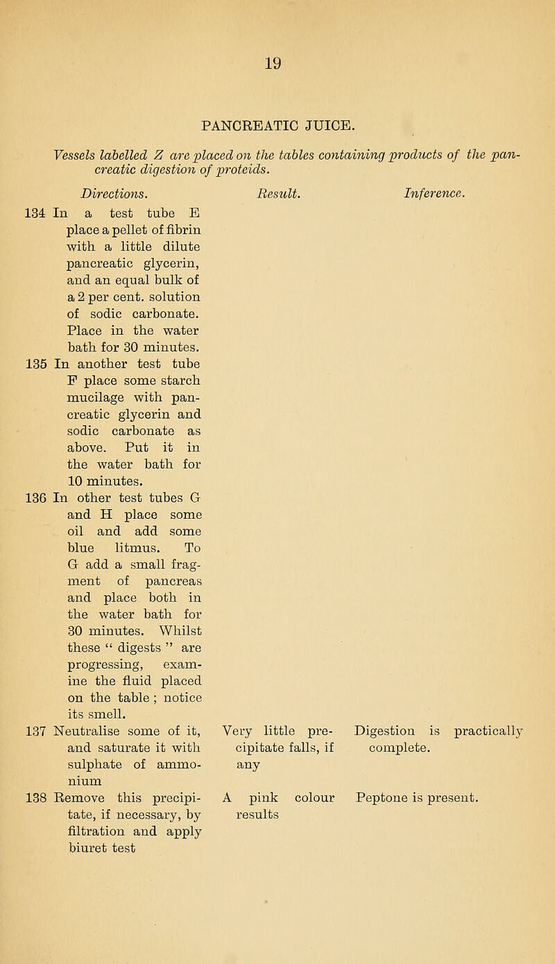 PANCREATIC JUICE. Vessels labelled Z are placed on the tables containing products of the pan- creatic digestion of proteids. Directions. Result. 134 In a test tube E place a pellet of fibrin with a little dilute pancreatic glycerin, and an equal bulk of a 2 per cent, solution of sodic carbonate. Place in the water bath for 30 minutes. 135 In another test tube P place some starch mucilage with pan- creatic glycerin and sodic carbonate as above. Put it in the water bath for 10 minutes. 136 In other test tubes G and H place some oil and add some blue litmus. To G add a small frag- ment of pancreas and place both in the water bath for 30 minutes. Whilst these  digests  are progressing, exam- ine the fluid placed on the table ; notice its smell. 137 Neutralise some of it, and saturate it with sulphate of aramo- nium 138 Remove this precipi- A pink tate, if necessary, by results filtration and apply biuret test Inference. Very little pre- cipitate falls, if any Digestion is practicallj' complete. colour Peptone is present.