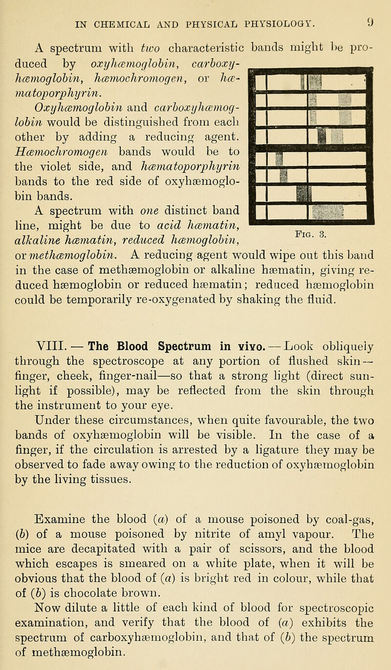 ',) A spectrum with two characteristic bands might be pro- duced by oxyhcBmoglobin, carboxy- hcemoglohin, hcemochromogen, or hcc- ma toporp hyrin. Oxyhmmoglohin and carhoxyhaemog- lobin would be distinguished from each other by adding a reducing agent. HcBviochromogen bands would be to the violet side, and hcematoporphyrin bands to the red side of oxyhaemoglo- bin bands. A spectrum with one distinct band line, might be due to acid hcBniatin, alJcaline hcBmatin, reduced licemoglohin, or methcemoglohin. A reducing agent would wipe out this band in the case of methsemoglobin or alkaline hsematin, giving re- duced haemoglobin or reduced hsematin; reduced hsemoglobin could be temporarily re-oxygenated by shaking the fluid. ijii Fig. VIII. — The Blood Spectrum in yIyo. — Look obliquely through the spectroscope at any portion of flushed skin — finger, cheek, finger-nail—so that a strong light (direct sun- light if possible), may be reflected from the skin through the instrument to your eye. Under these circumstances, when quite favourable, the two bands of oxyhsemoglobin will be visible. In the case of a finger, if the circulation is arrested by a ligature they may be observed to fade away owing to the reduction of oxyhsemoglobin by the living tissues. Examine the blood {a) of a mouse poisoned by coal-gas, (6) of a mouse poisoned by nitrite of amyl vapour. The mice are decapitated with a pair of scissors, and the blood which escapes is smeared on a white plate, when it will be obvious that the blood of {a) is bright red in colour, while that of (6) is chocolate brown. Now dilute a little of each kind of blood for spectroscopic examination, and verify that the blood of («) exhibits the spectrum of carboxyhsemoglobin, and that of {h) the spectrum of methaemoglobin.