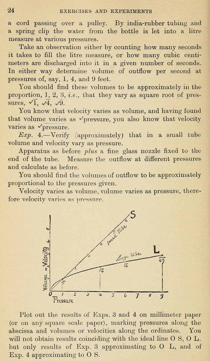a cord passing over a pulley. By india-rubber tubing and a spring clip the water from the bottle is let into a litre measure at various pressures. Take an observation either by counting how many seconds it takes to fill the litre measure, or how many cubic centi- meters are discharged into it in a given number of seconds. In either way determine volume of outflow per second at pressures of, say, 1, 4, and 9 feet. You should find these volumes to be approximately in the proportion, 1, 2, 8, i.e., that they vary as square root ,of pres- sures, '^1, v4, v9. You know that velocity varies as volume, and having found that volume varies as '^''pressure, you also know that velocity varies as -^pressure. Exp. 4.—Verify (approximately) that in a small tube volume and velocity vary as pressure. Apparatus as before j)ius a fine glass nozzle fixed to the end of the tube. Measure the outflow at different pressures and calculate as before. You should find the volumes of outflow to be approximately proportional to the pressures given. Velocity varies as volume, volume varies as pressure, there- fore velocity varies as pressure. B5 I 0 0 J A ■P Plot out the results of Exps. 3 and 4 on millimeter paper (or on any square scale paper), marking pressures along the abscissa and volumes or velocities along the ordinates. You will not obtain results coinciding with the ideal line 0 S, 0 L. but only results of Exp. 3 approximating to 0 L, and of Exp. 4 approximating to 0 S.